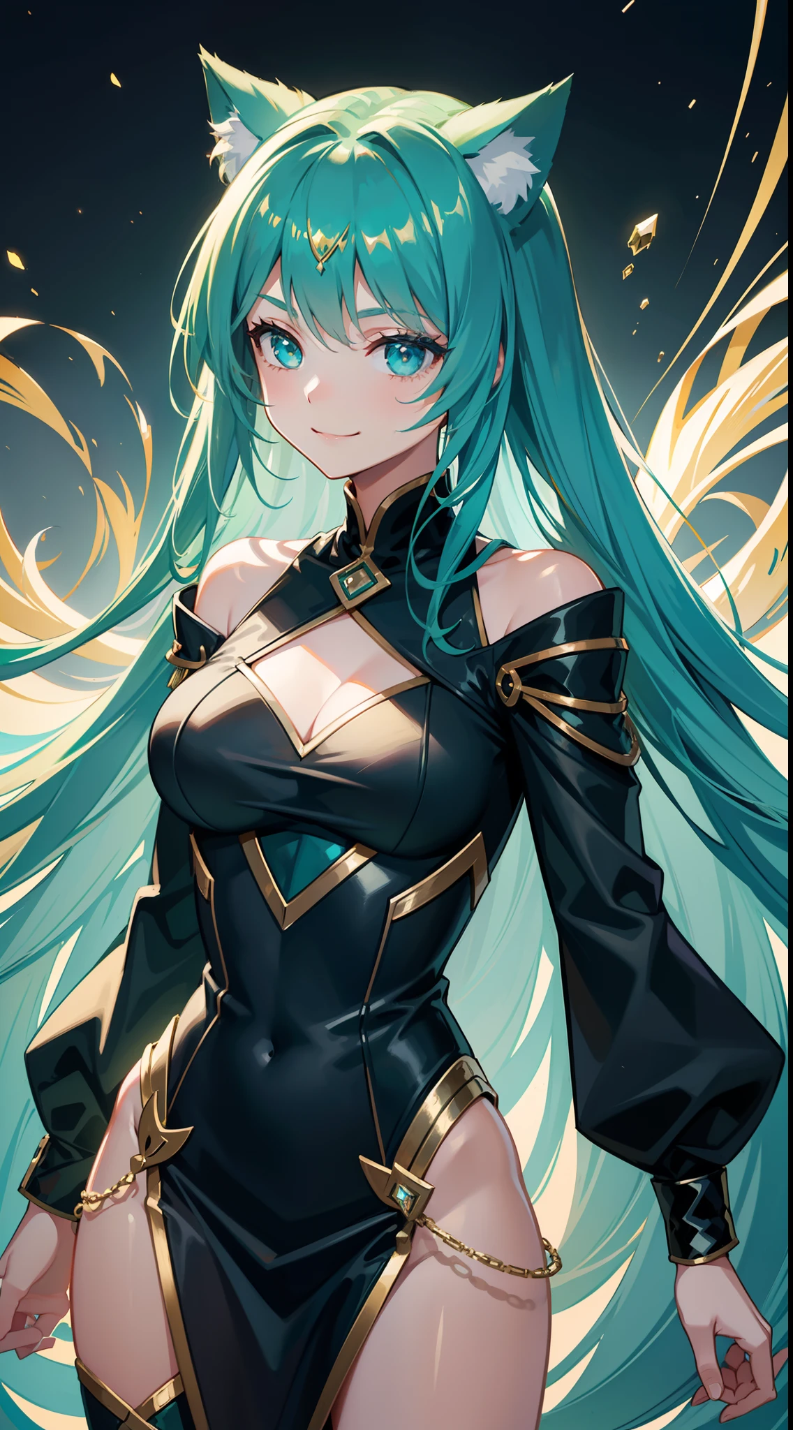 young girl, long turquoise hair, cat ears, turquoise eyes, Smile, black jacket, Green tight dress, diadem, Gold Elements, She-ra, open breasts, nipples, Masterpiece, hiquality, 4k, HD, Good detail