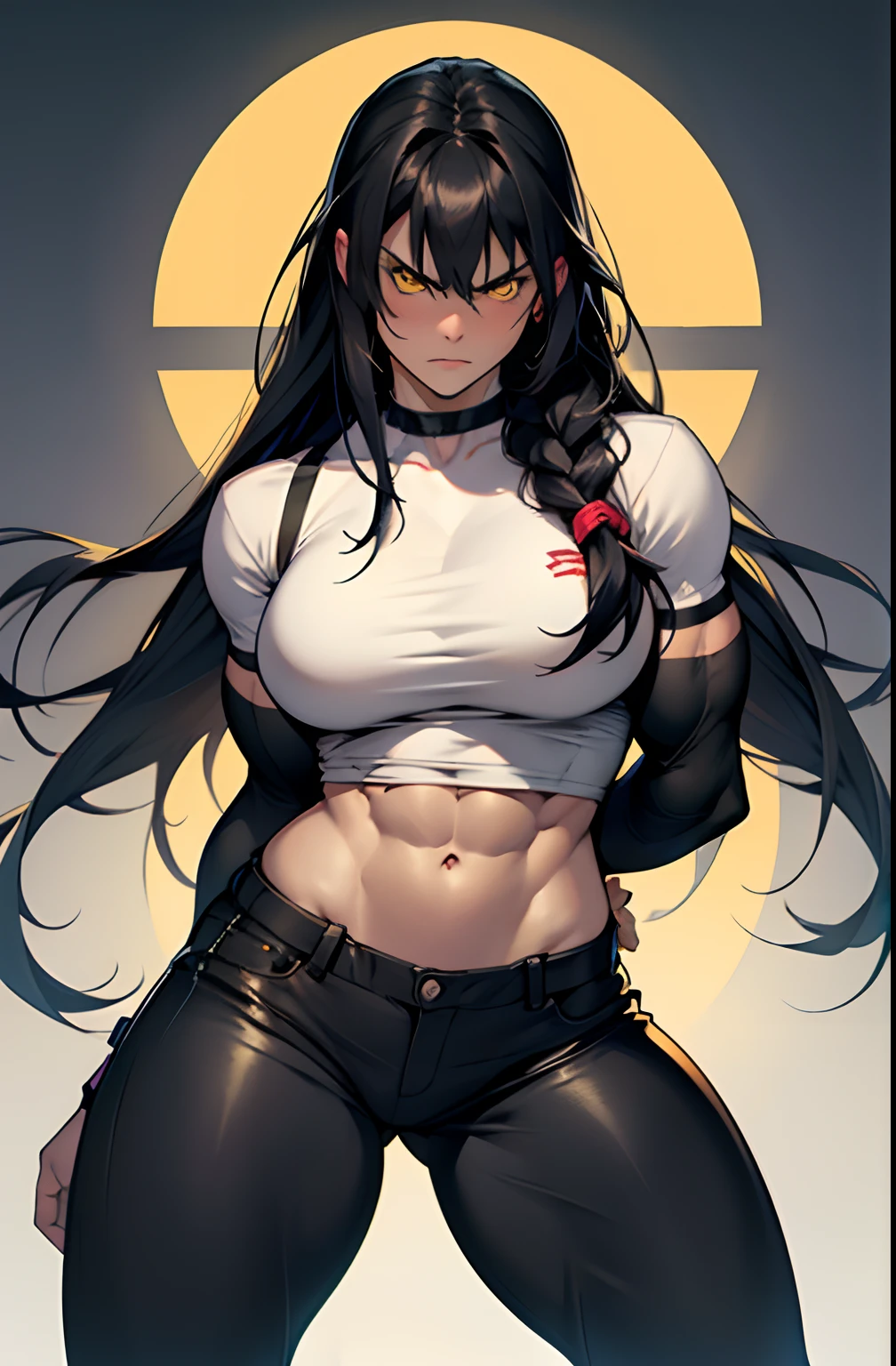 1girl, extremely long hair, solo, ((muscular)), veins, black hair, yellow eyes, blushing, thick thighs, pale skin, strong, veins, abs, big thighs, huge breasts, navel, standing, angry, tight pants, tight shirt