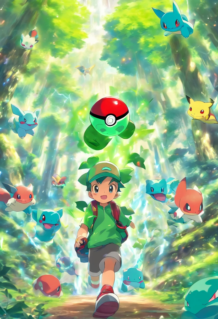 an Quority(Face away from the camera)of anime boys,The upper part of the body,back to look back。Holding a small red ball in his hand。 There are Pokémon, big trees, flying birds, Mainly blue and green,Behind him was a Bulbasaur, Anime shonen wears green, He wears a Pokémon-related hat, Behind him there is the glowing Bulbasaur,The teenager looked serious,Enchanted forest background,super exquisite details,hyper qualit,filmposter,tmasterpiece