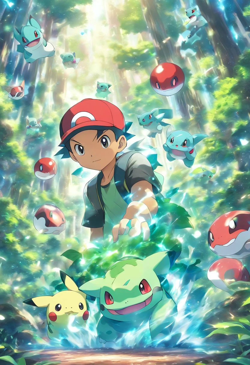 an Quority（Face away from the camera）of anime boys，The upper part of the body，back to look back。Holding a small red ball in his hand。 There are Pokémon, big trees, flying birds, Mainly blue and green,Behind him was a Bulbasaur, Anime shonen wears green, He wears a Pokémon-related hat, Behind him there is the glowing Bulbasaur,The teenager looked serious，Enchanted forest background，super exquisite details，hyper qualit，filmposter，tmasterpiece