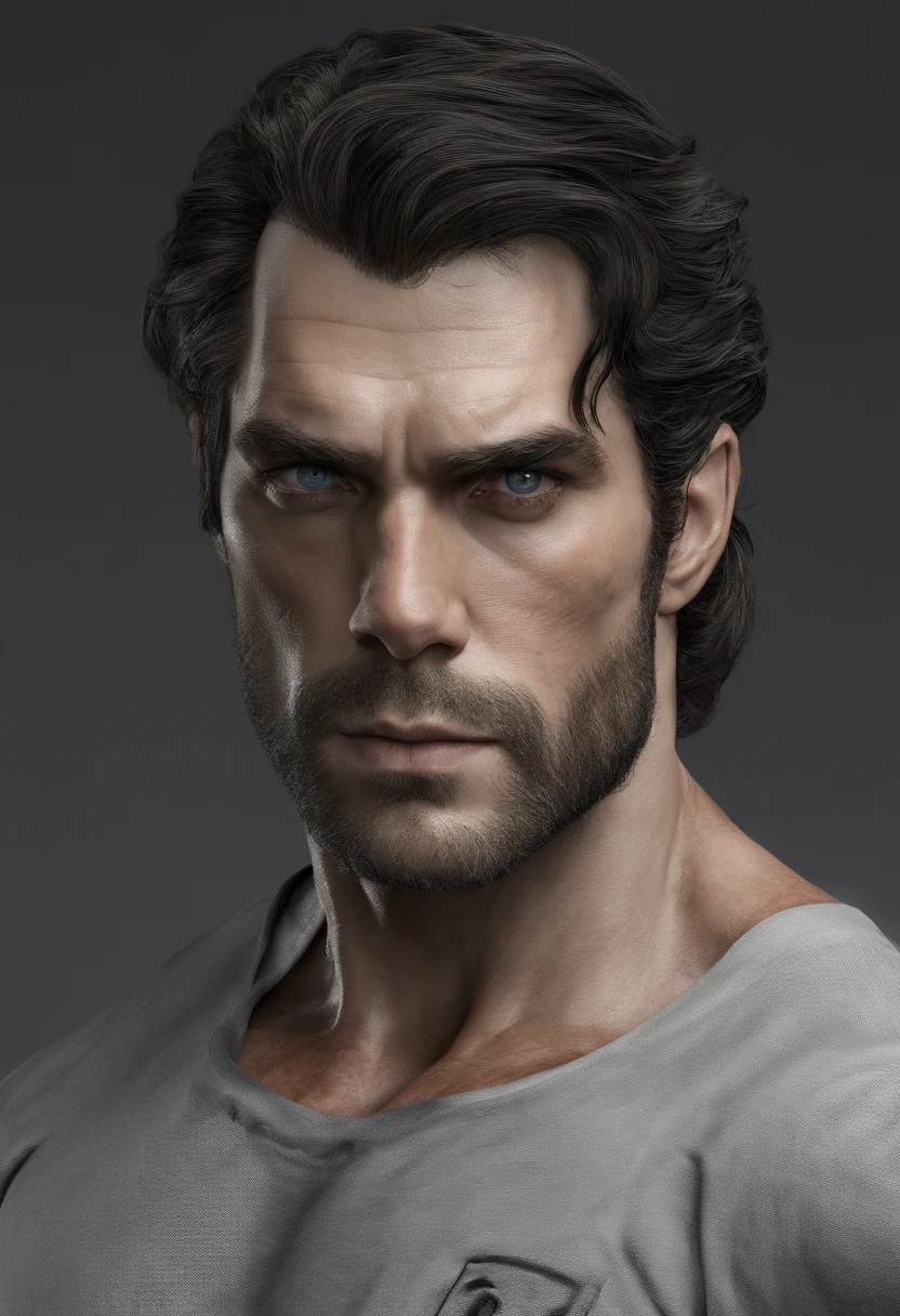 Um Homem seu rosto parece com o Henry cavill. His body is muscular and pectoral defined. tanquinho. virilha. Cochas, cabelos contra o vento. barba serrada. Sentado em um banco olhando para um lago do seu lado esquerdo.