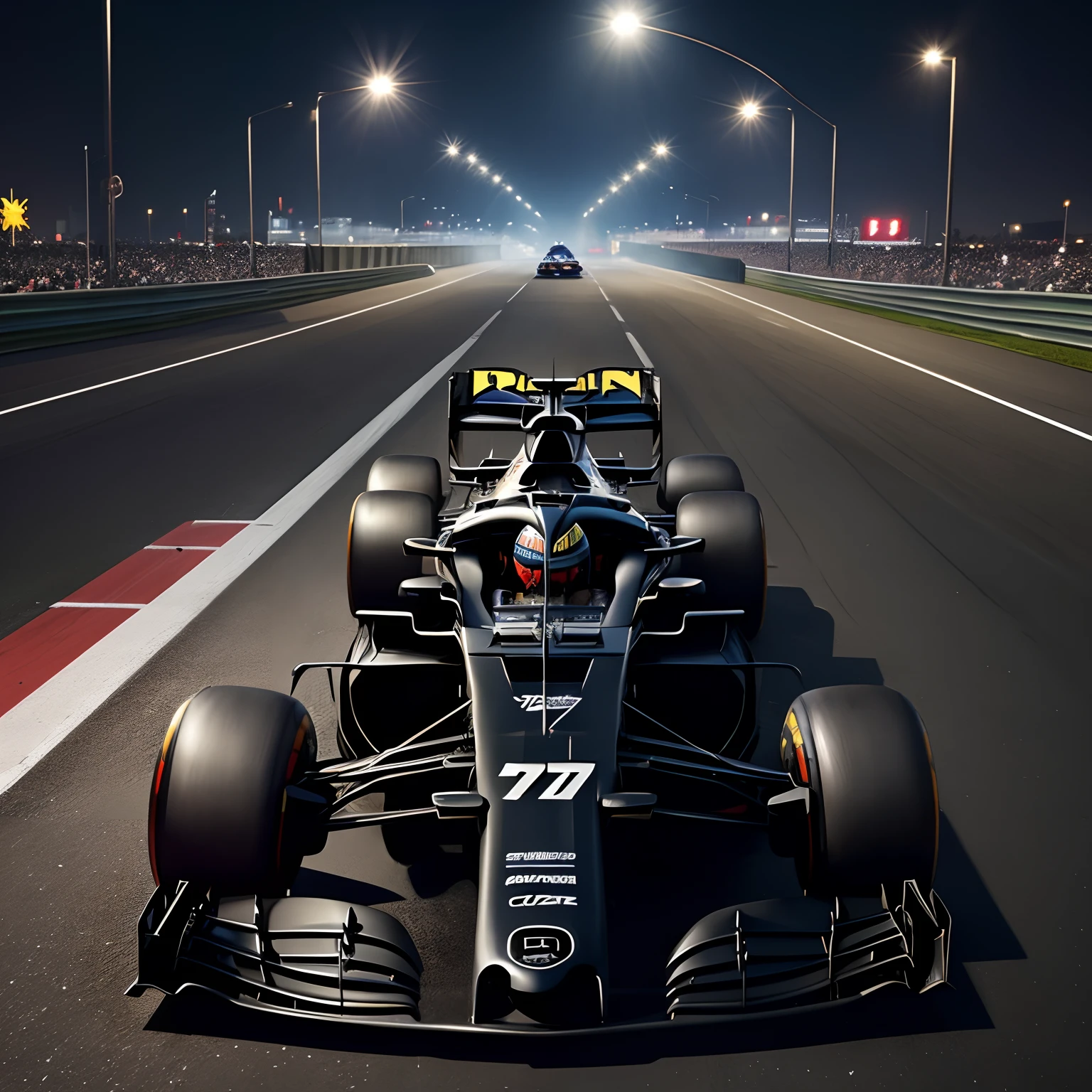 A Formula One car like a batmobile with Batman driving, urban environment on the avenue with an explosive background