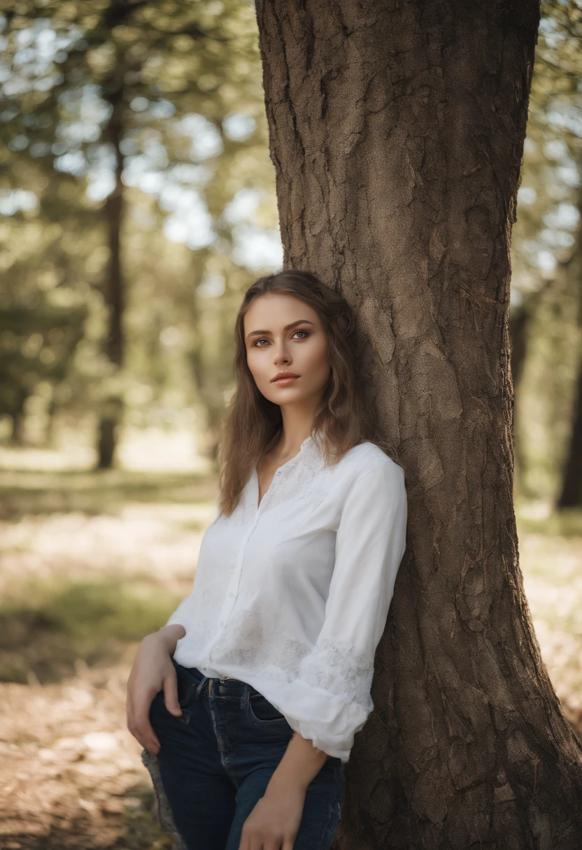 Woman in a white shirt leaning against a tree trunk, Ukrainian girl, Beautiful Nordic woman, estilo eslavo, Traditional Russia, Irina Nordsol Kuzmina, Ana Nikonova, Anna Nikonova aka Newmilky, natural soft pale skin, eslavo, Ekaterina, uma jovem fofa, foto portait foto de perfil, foto da mulher jovem, Ucraniano