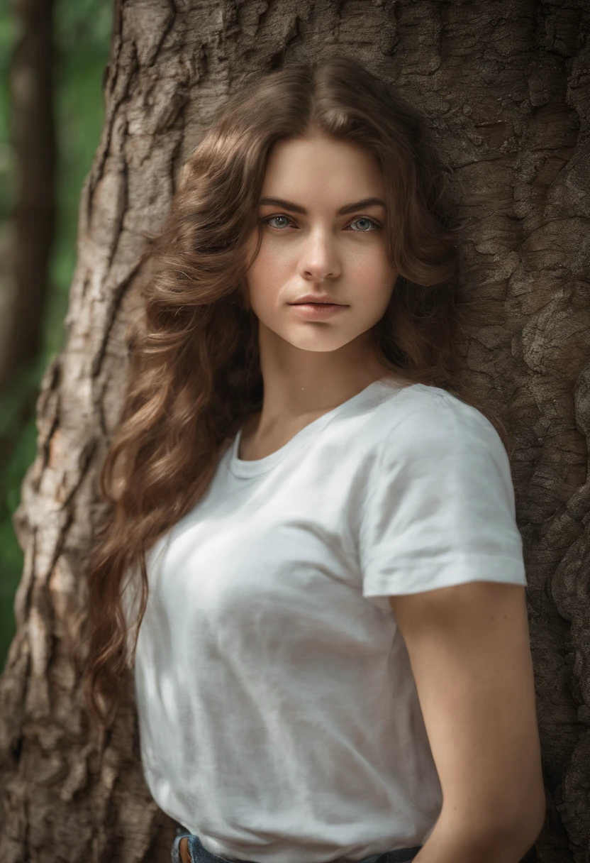Woman in a white shirt leaning against a tree trunk, Ukrainian girl, Beautiful Nordic woman, estilo eslavo, Traditional Russia, Irina Nordsol Kuzmina, Ana Nikonova, Anna Nikonova aka Newmilky, natural soft pale skin, eslavo, Ekaterina, uma jovem fofa, foto portait foto de perfil, foto da mulher jovem, Ucraniano