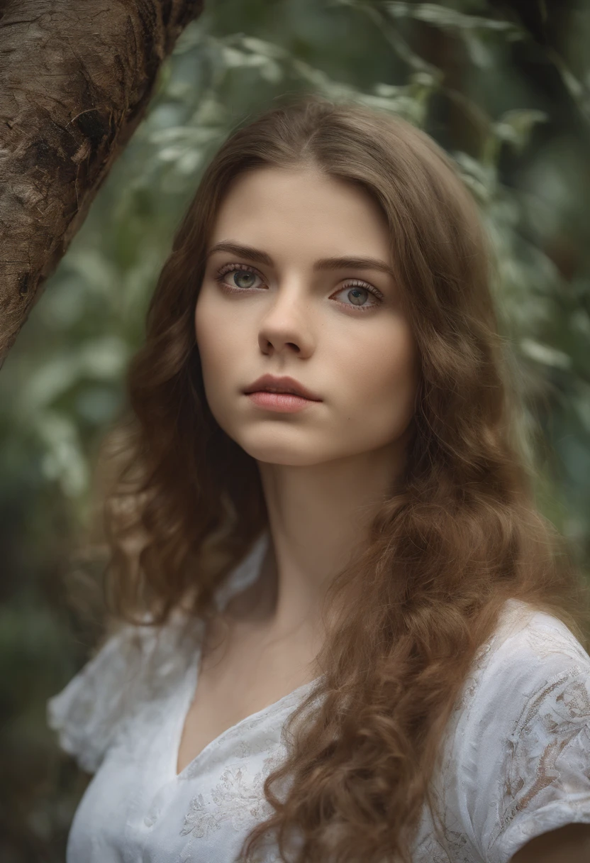 Woman in a white shirt leaning against a tree trunk, Ukrainian girl, Beautiful Nordic woman, estilo eslavo, Traditional Russia, Irina Nordsol Kuzmina, Ana Nikonova, Anna Nikonova aka Newmilky, natural soft pale skin, eslavo, Ekaterina, uma jovem fofa, foto portait foto de perfil, foto da mulher jovem, Ucraniano