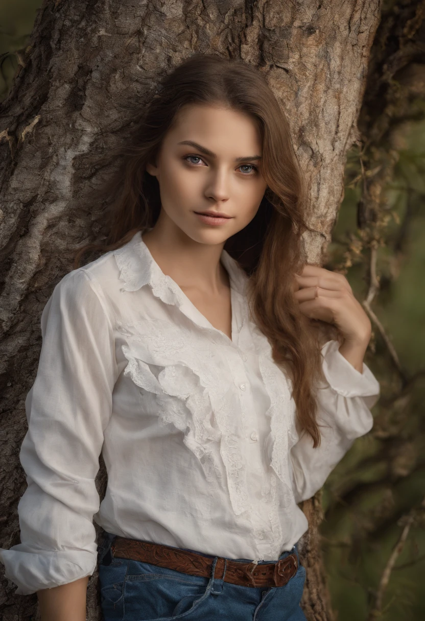 Woman in a white shirt leaning against a tree trunk, Ukrainian girl, Beautiful Nordic woman, estilo eslavo, Traditional Russia, Irina Nordsol Kuzmina, Ana Nikonova, Anna Nikonova aka Newmilky, natural soft pale skin, eslavo, Ekaterina, uma jovem fofa, foto portait foto de perfil, foto da mulher jovem, Ucraniano
