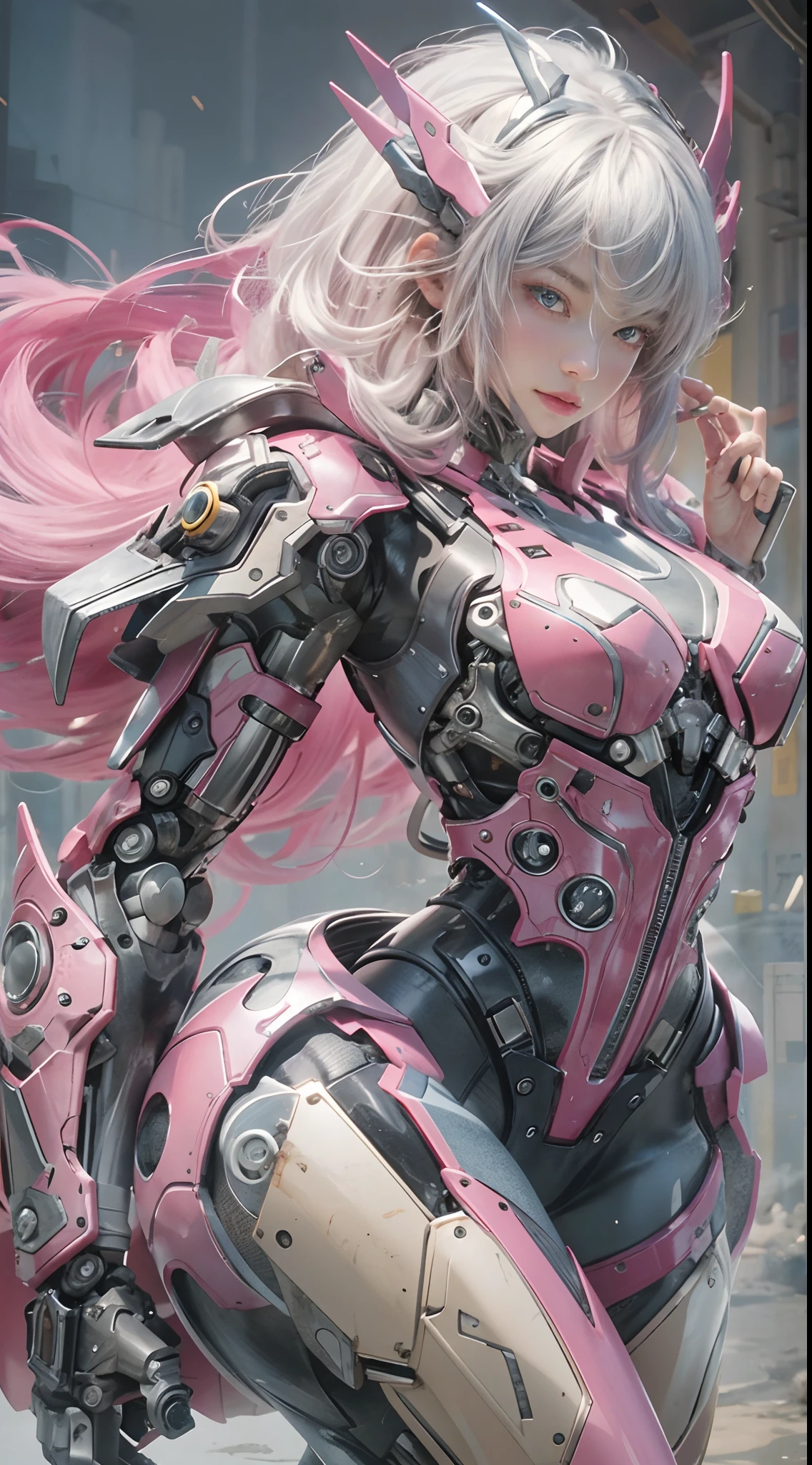 masterpiece, best quality, 1girl, solo, perfect face, looking at viewer, skin tight transparent vinyl, long blue hair, gray eyes, pale skin, shanyaogaoda, mecha,  pink armor with white part,  armor, helmet,  lineart, dimly lit, low key, sharp focus, octane, backlighting, machinery, backlighting, shiny clothes, mechanical legs, thrusters, flying, hair ornament,  high heels, shiny, artist name, standing, thighs, pink eyes, teeth, looking down, armored boots, cyborg, (big mechanical background:1.2), bare shoulders, lips, machine, The view from the bottom up, cosplay, RAW photo, delicate, best quality, (intricate details:1.3), hyper detail, finely detailed, colorful, 8k uhd, film grain, (studio lighting:1.2), (Fujifilm XT3), (photorealistic:1.3), (detailed skin:1.2)ultra high res, outside in the park with lake, best quality, photo, 4k, (photorealistic:1.4)