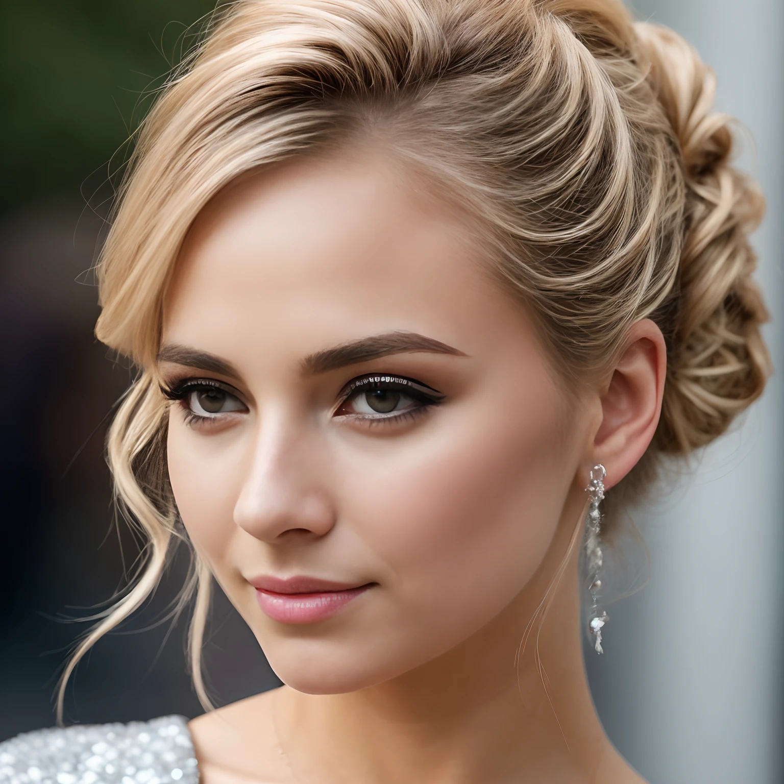 photo of beautiful (awall1s:0.99), a woman in a (town:1.1), perfect blonde hair, hair upsweep updo, wearing (sequined:1.1), modelshoot style, (extremely detailed CG unity 8k wallpaper), professional majestic (photography by joel meyerowitz:1.1), nikon, trending on ArtStation, trending on CGSociety, Intricate, High Detail, Sharp focus, dramatic, photorealistic painting art, (looking at viewer), (detailed pupils), (closeup portrait)