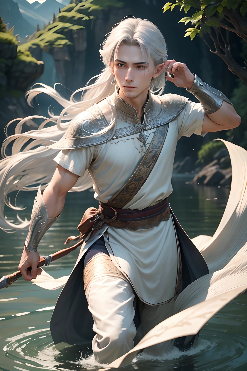 Handsome young man、elvish、Combat stance、Silver-haired、Silvercloak、Silver embroidery、the wind、the bow、lake、masterpiece best quality、High resolution、Super delicate、Super beautiful、 K