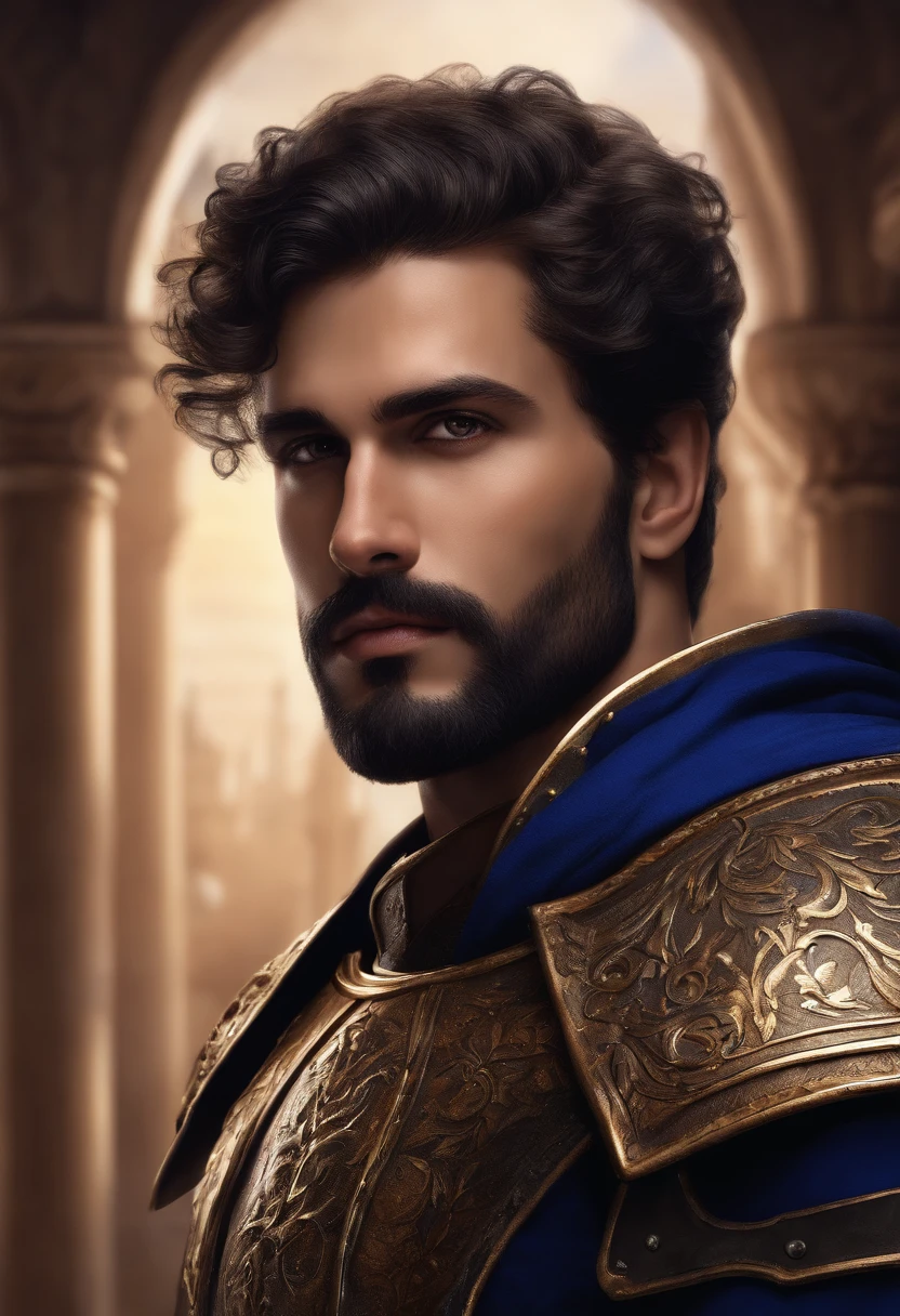 make an RPG drawing of a Paladin man in his twenties,1,90m de altura,cabelos negros um pouco longos,barba e bigode rasos e com olhar triste