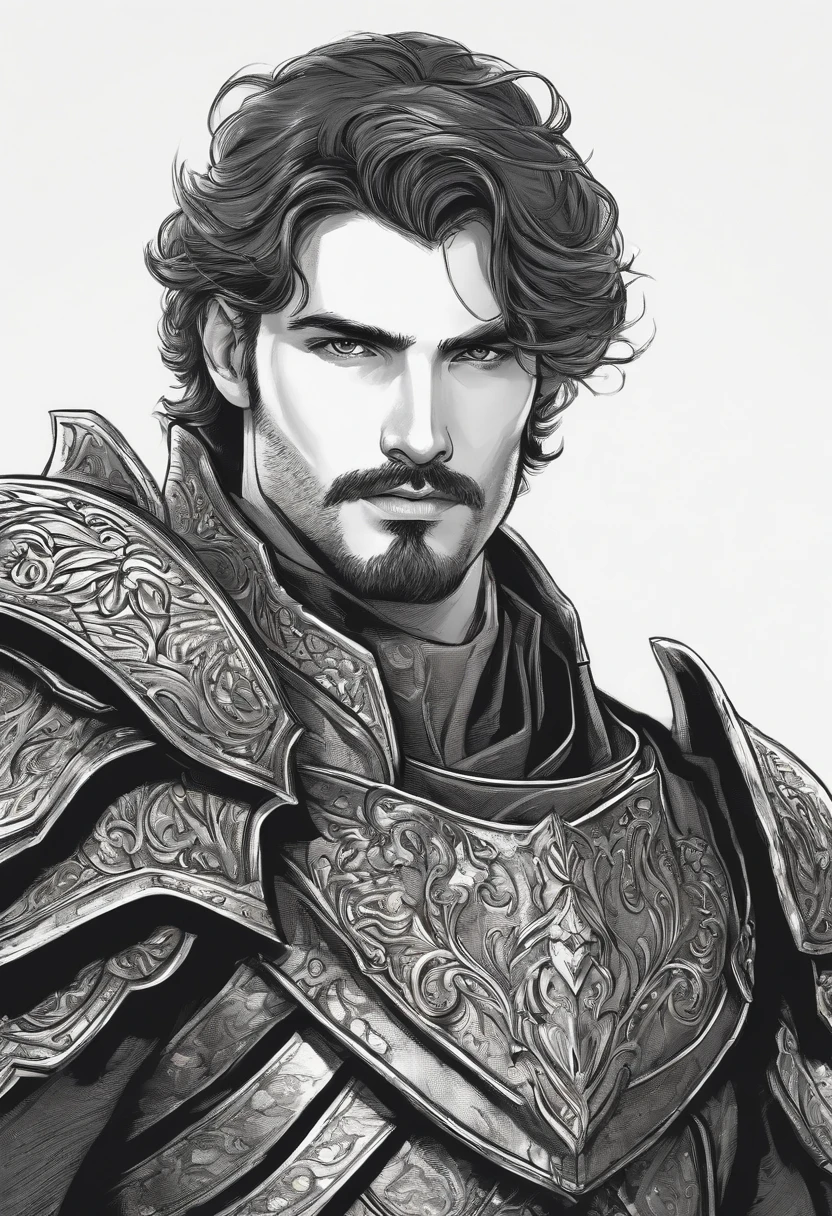 make an RPG drawing of a Paladin man in his twenties,1,90m de altura,cabelos negros um pouco longos,barba e bigode rasos e com olhar triste