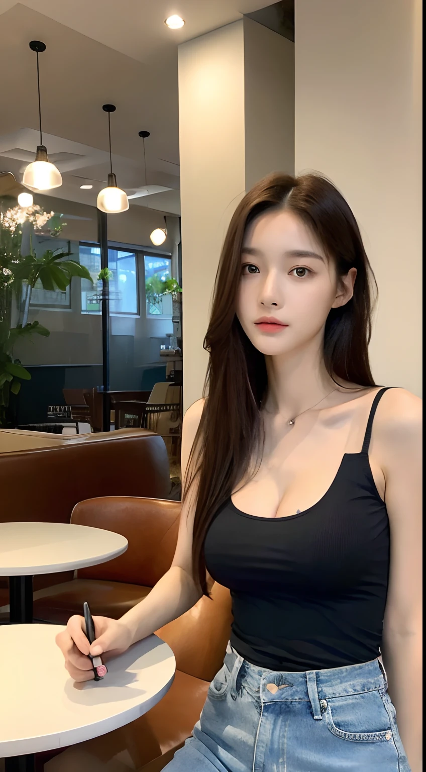 (realisitic、hight resolution:1.3)、1 girl with a perfect figure、Super thin face and eyes、length hair、Tank tops:1 in random color.2、Short jeans、in a cafe、coffee on table、huge tit、Exposed cleavage、H-cup