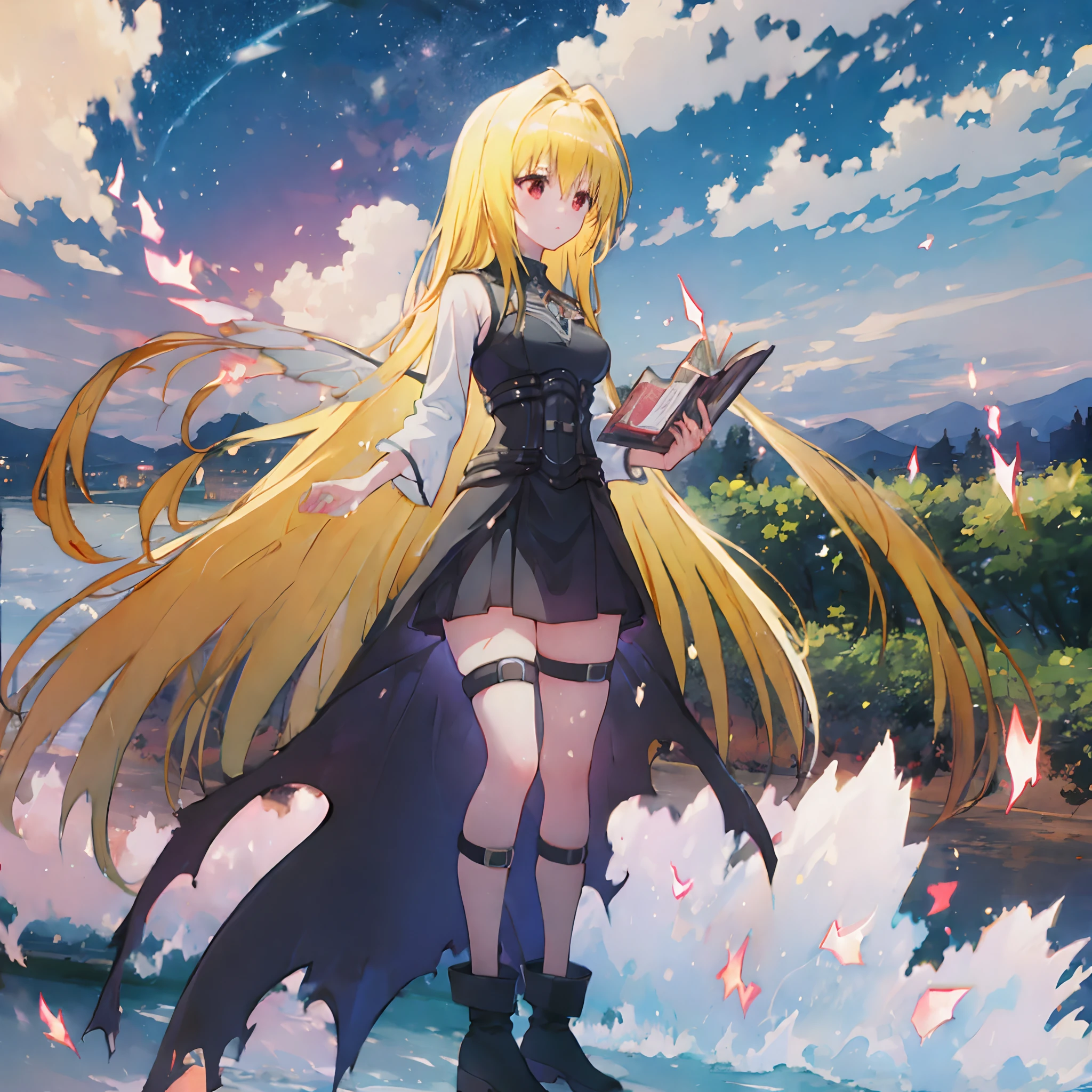 masterpiece, best quality, ultra-detailed, illustration, 1girl, solo, fantasy, flying, floating, Yami the Golden Darkness as a full bodied adult, cute red eyes like rubies, night sky, outdoors, magic, moon, stars, clouds, wind, long layered yellow hair, black and silver battle dress, black boots, mysterious, enchanting, whimsical, playful, powerful, adventurous, freedom, wonder, imagination, determination, skill, speed, movement, energy, realism, naturalistic, figurative, representational, beauty, fantasy culture, mythology, fairy tales, folklore, legends, fantasy worlds, composition, scale, foreground, middle ground, background, perspective, light, color, texture, detail, beauty, wonder