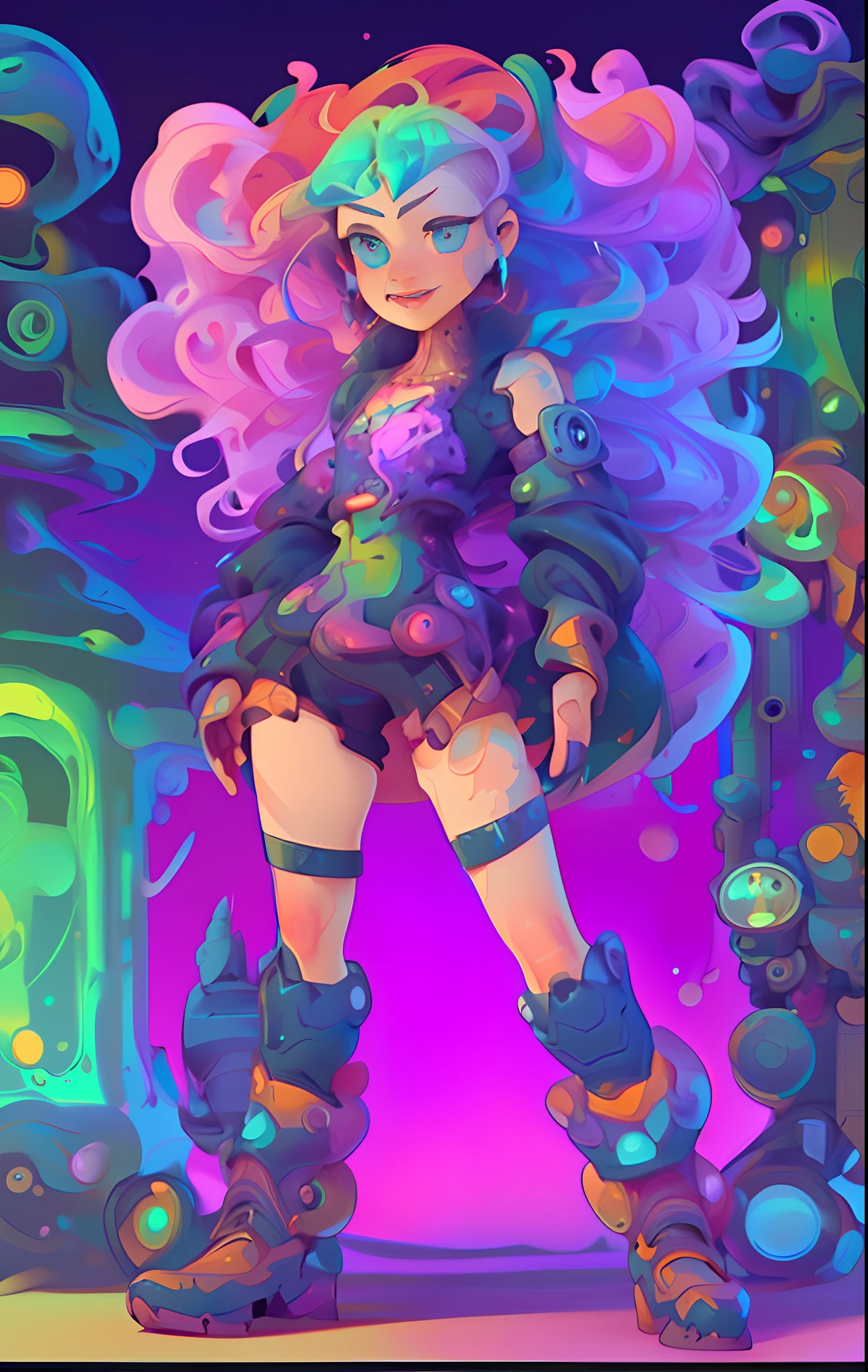 (full body standing), full body, beautiful face WOMAN, rainbow haired witch holding a glowing potion、90's pixel characters, gears and clocks in the brain, futuristic background with lots of top animated characters running, cute monster in the shape of a big little robot, full body 3D animation,,very high quality,Krenz Kuschaat, Artem Art by De Mura and Alphonse Mucha. 3D High Relief Painting Sea like jelly, rainbow like cotton, cute monster standing on grass, Fashionably dressed, touch of cute illustration, write text "Eclat Divin", vector t-shirt art, graffiti style, full body, full body, cyberpunk, face half small Robot, artificial intelligence,