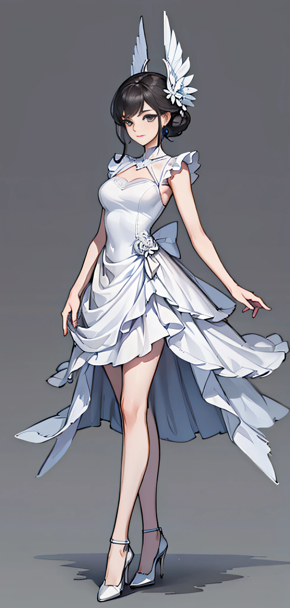 Beauty all over the body,tightly dress,modern day,Stand head-on,high-heels,greybackground