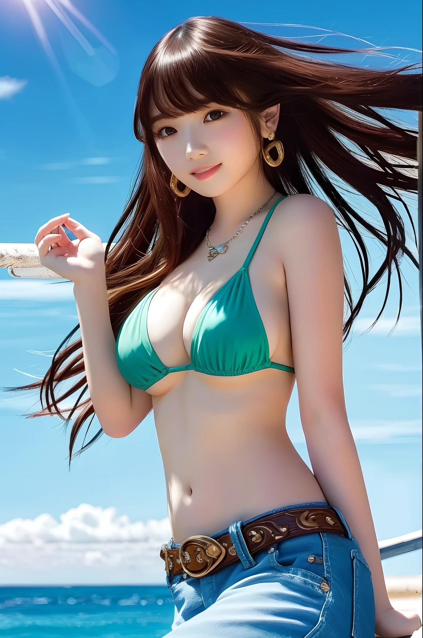 detailed background, masterpiece, best quality, 1girl, solo, nami \(one piece\), 1girl, bangle, bangs, bare shoulders, belt, bikini, bikini top only, blue sky, bracelet, breasts, brown eyes, bubbles, cleavage, clouds, cowboy shot, sun, denim, earrings, floating hair, green belt, green bikini, crotch, jeans, jewelry, big tits, log pose , long hair, looking viewer, navel, orange hair, pants, shoulder tattoo, side lock, sky, smile, solo, standing, belly, swimsuit, tattoo, looking viewer