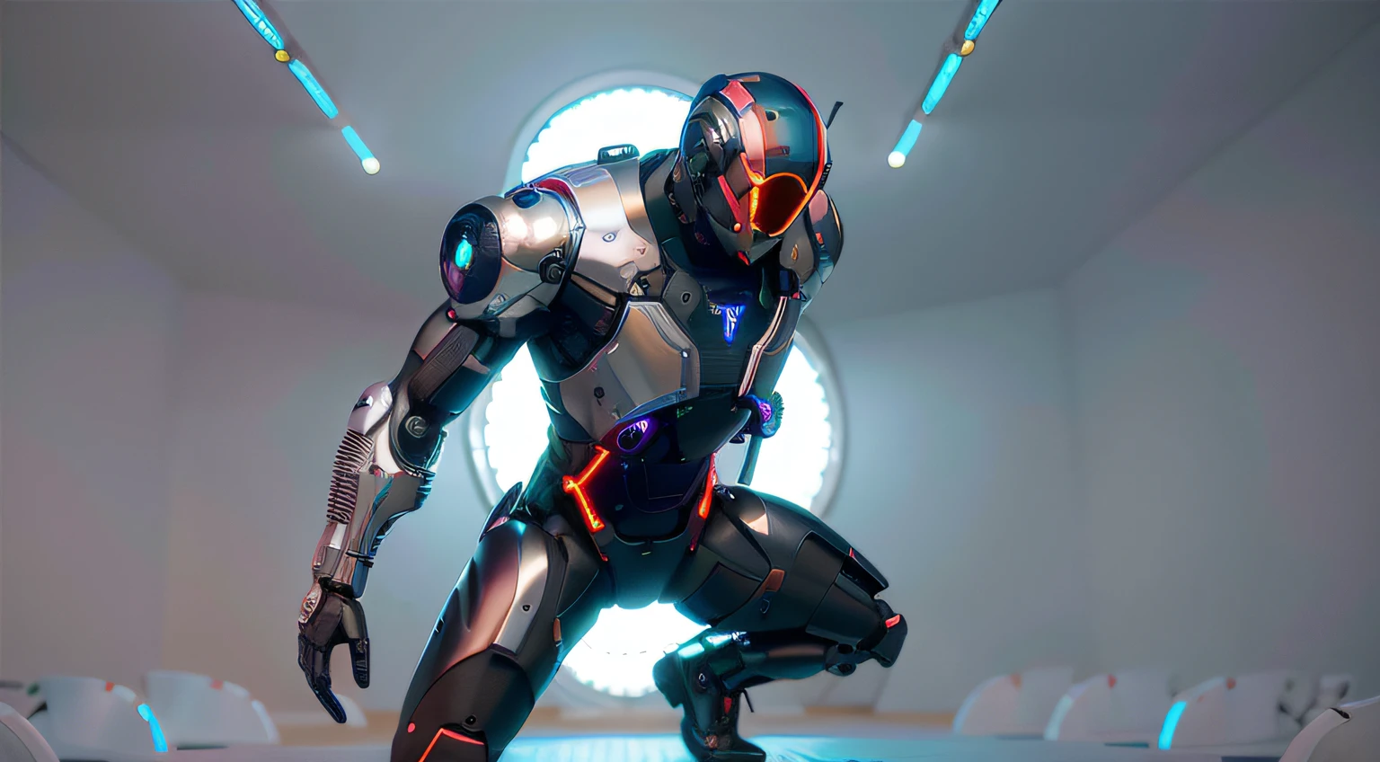 divine paradise. heavenly illumination. God. Holy robotic. Flying. Position of god. Floating in a cathedral. strong, robust and masculine body. fat arms. Position of divinity. Floating. flying. masterpiece, best quality, a close up of a futuristic looking cyborg man with a fantastic cyber helmet head with red and blue triangle led lights and a halo, full body, dancing. dance. synthwave ballad. silver pants. wearing a red and blue techwear jacket, white church in background. full body, robotic legs. bald head. helmet.