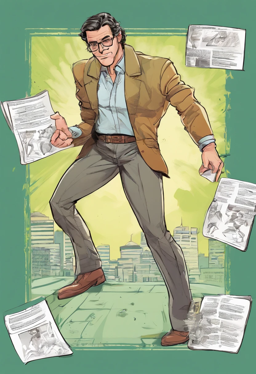 White man with thin physique, com cabelos negros "Lambidos" backward, com uma barba raspada, usando oculos de grau. wearing a dress shirt with suspenders, also with a pair of pants and shoes. And carrying a briefcase in his hand.