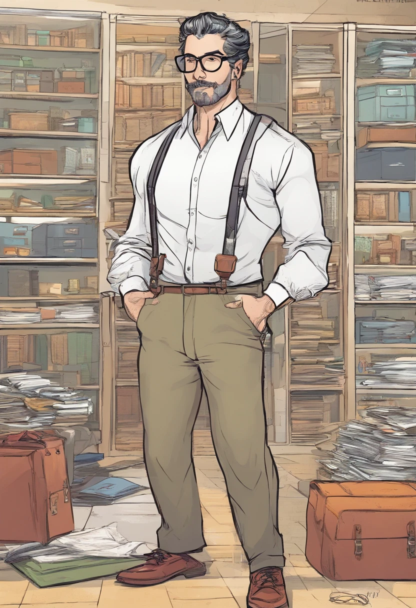 White man with thin physique, com cabelos negros "Lambidos" backward, com uma barba raspada, usando oculos de grau. wearing a dress shirt with suspenders, also with a pair of pants and shoes. And carrying a briefcase in his hand.
