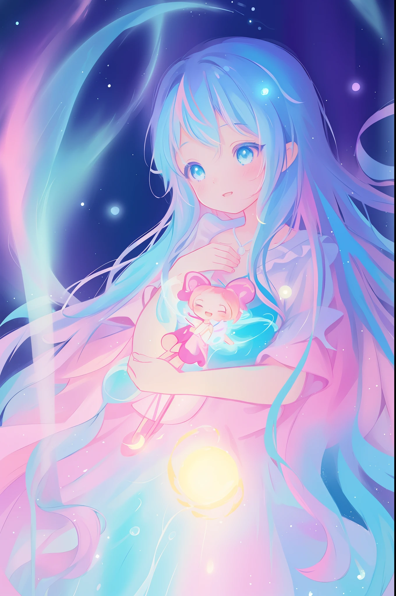 beautiful anime girl, inspired by Glen Keane, inspired by Lois van Baarle, (disney art style), by Lois van Baarle, glowing aura around her, by Glen Keane, jen bartel, glowing lights! digital painting, flowing glowing hair, glowing flowing hair, beautiful digital illustration, magical, whimsical, fantasia background, liquid ballgown, liquid hair, colorful