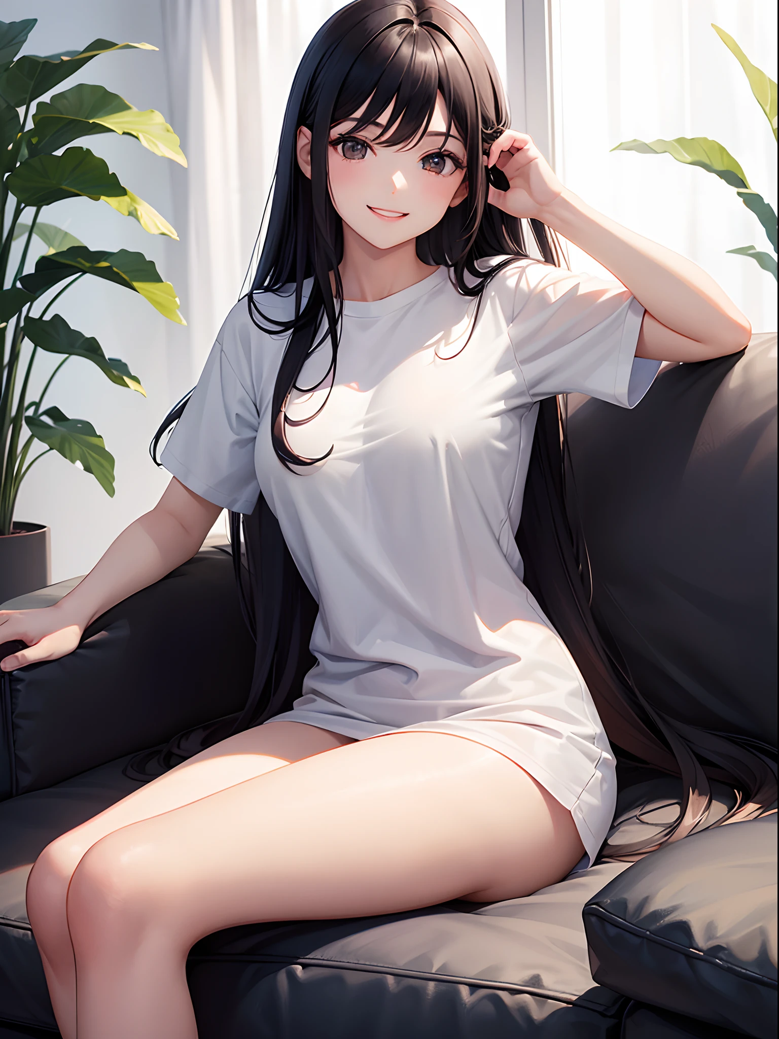 masterpiece, best quality, Practical, 8k, official art, Movie Lighting, Ultra-high resolution, 1 Girl, White sweater dress, torn pantyhose, sitting, on the bed, bedroom, Sunlight, Looking at the audience,
