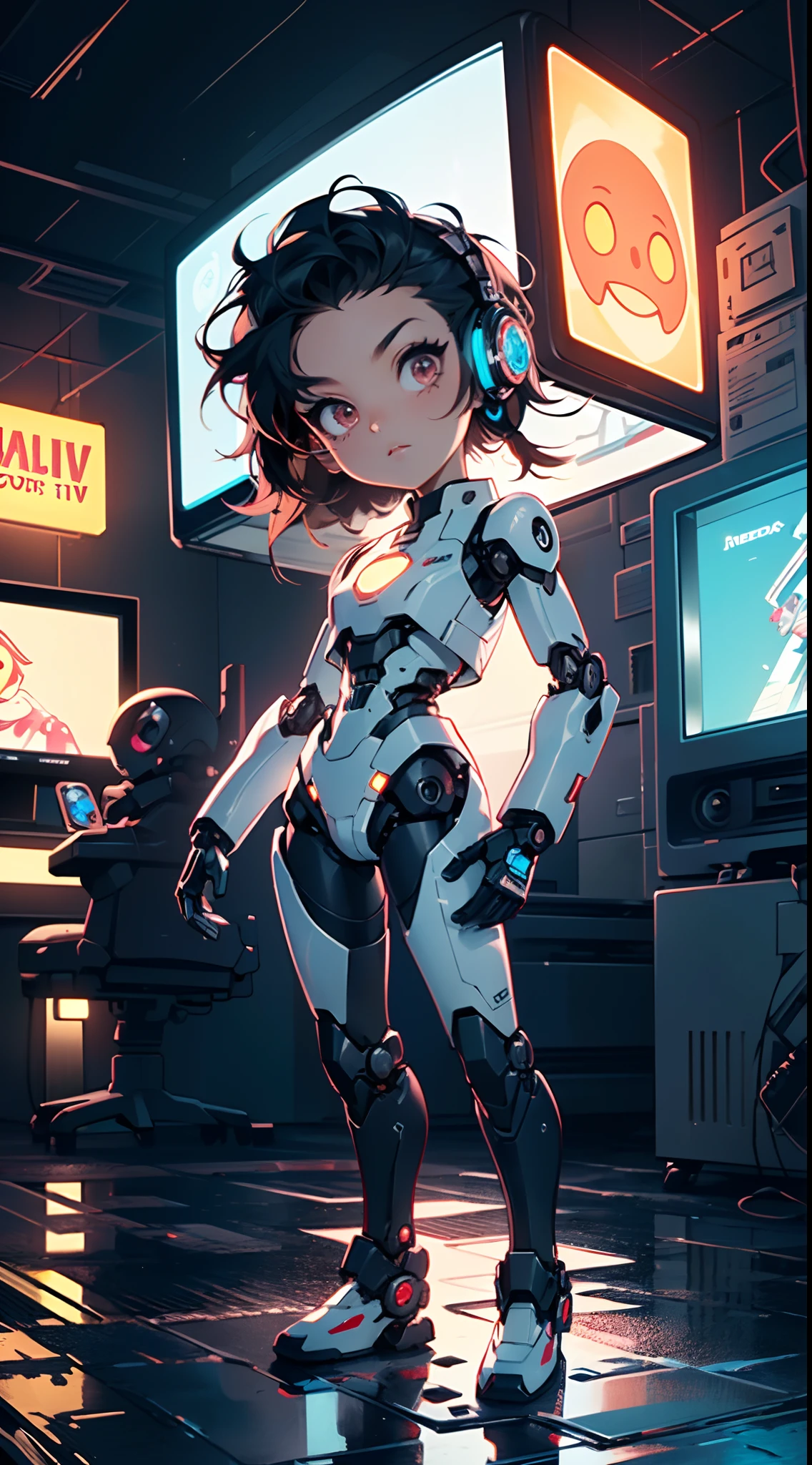 (((TV robot with mechanical arms and legs))),
(((tiny little robot chibi))) with ((((TV head)))). He has (((shaped like a cube with mechanical arms and legs))),and a (((screen on his face))) that displays emoticons and coded messages,Strange head, black tv head,detailed TV head,intricate robot,
(((Object_head,televison_head))),
(dynamic pose:1.0),solo focus,(centered,scale to fit dimensions,Rule of thirds),
cyberpunk city by the ocean at night, with bright neon signs and dark stormy clouds and puddles, scenery:1.25,
artistic photography,(photography taken by sldr),highres, sharp focus, (ultra detailed, extremely detailed), (photorealistic artwork:1.37),(extremely detailed CG unity 8k wallpaper),((synthwave background theme)),(((vibrant colors))),(intricate background),(masterpiece),(best quality)