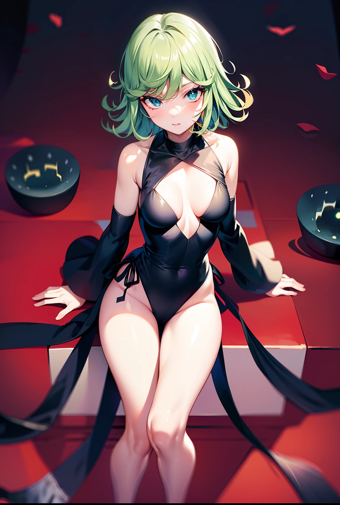 tatsumaki (pelvic curtain:1.2) black dress,(floating:1.2), destroyed city, full body, (glowing body:1.1)