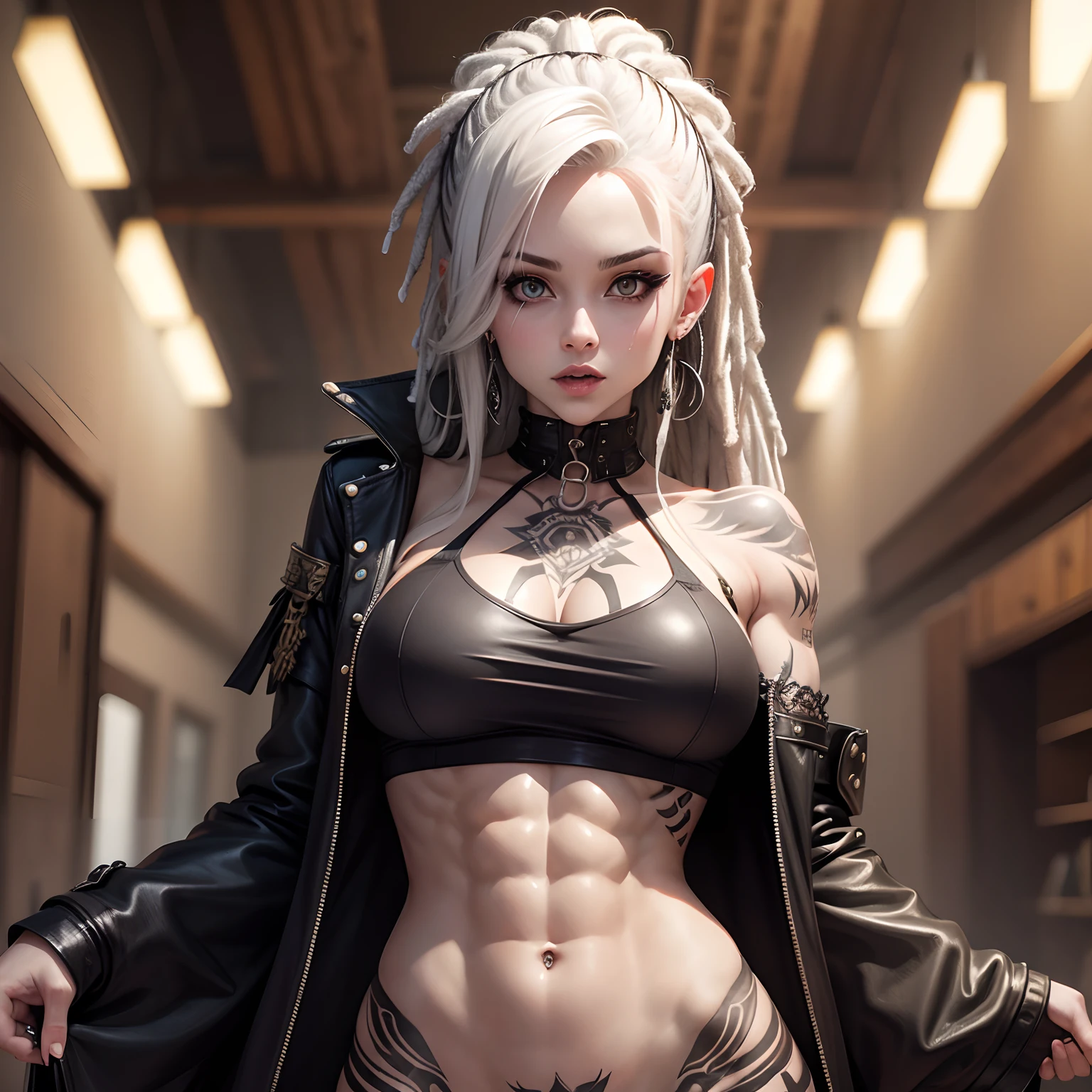 Busty goth girl with pale skin and ripped abs with dreadlocks and tattoos