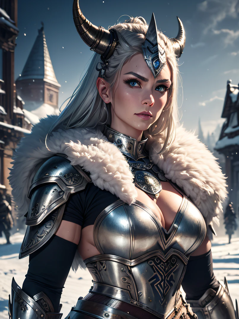 （top-quality、high detailing）、4/5 shots、Portrait of a 40-year-old adult female Viking、Human Woman、Strong physique、the perfect body、(((Silver warrior armor with fur collar)))、Silver horned helm、(((Large Silver Horn Headgear)))、Combat stance、Focus on the face、Calm look、Big blue eyes、Detailed face and eyes、Sharp eyes、Silver Shorthair、Walking slowly towards us、Detailed hand depiction、Winter morning、Oyuki、Snow-covered roadedieval city gate and cityscape in the background、Fantasyart、dark fantasy vibe、Dynamic action