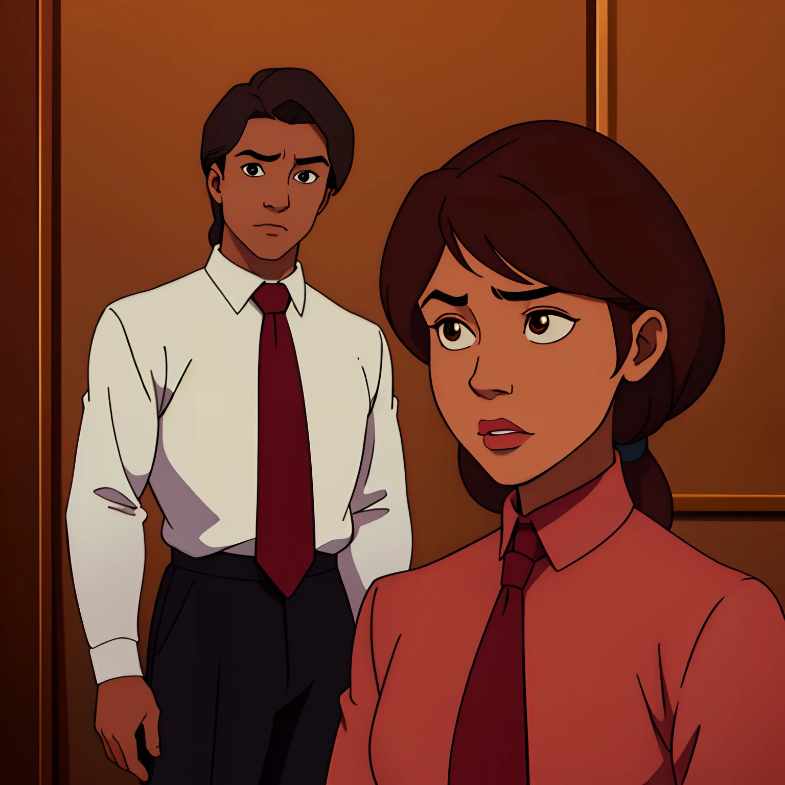 Por favor, Create an image of a -yeld weng an elegant social outfit in burgundy color. He's wearing a brown tie to complement the look. His posture is confident and he is in a suitable environment, as an event room or office. Por favor, Pay attention to the details of the clothing, of the face and expression to make the drawing as realistic as possible