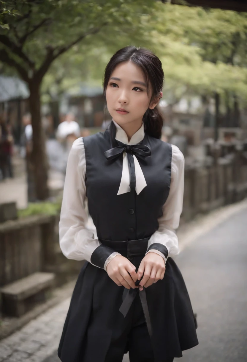Black leather gloves black suits Black hair ponytail japanaese girl Ribbon Tie Blouse top half
