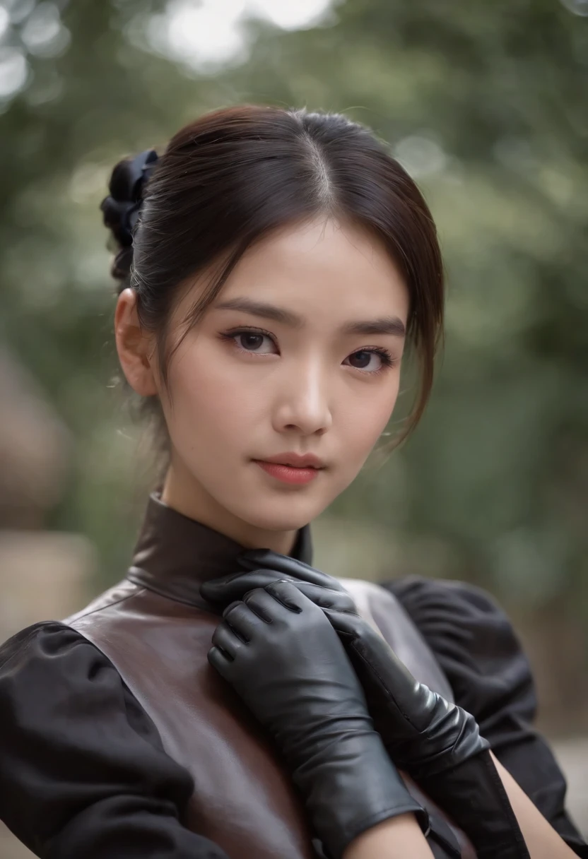 Black leather gloves black suits Black hair ponytail japanaese girl Ribbon Tie Blouse top half