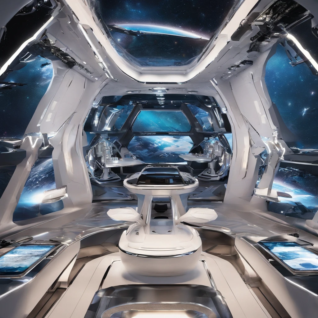 Future Space Rack A close up of a futuristic space station with a table and chairs ...