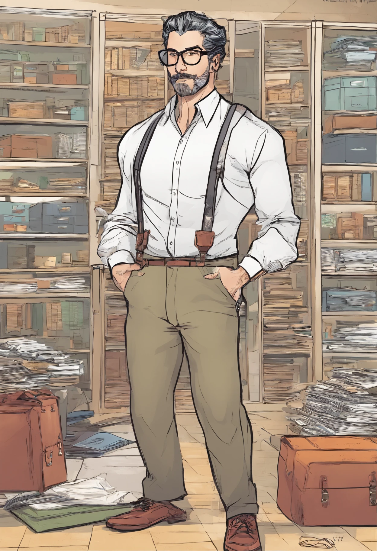 White man with thin physique, com cabelos negros "Lambidos" backward, com uma barba raspada, usando oculos de grau. wearing a dress shirt with suspenders, also with a pair of pants and shoes. And carrying a briefcase in his hand.
