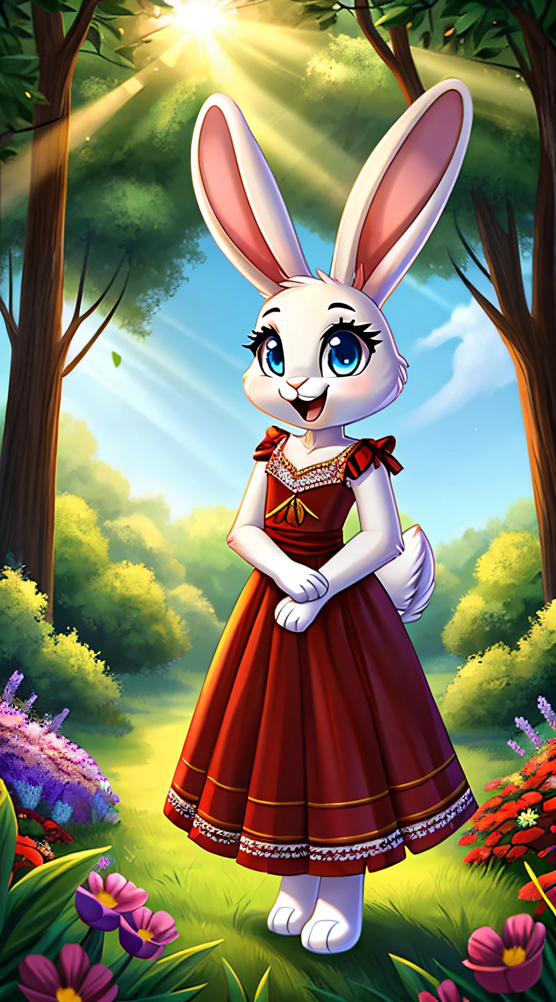 zoomed out image, fantasy style art, cute, adorable, shapely, attractive, a skinny teenage fluffy female white bunny with blue eyes, 4 ears, 2 extra ears, big floppy ears, long ears, ears perked up, raised ears, long eyelashes, poofy rabbit tail, wearing a long red frilly ribbon dress, smiling, standing in a forest, big expressive smile, open mouth, wide eyes, excited eyes, excited face, stunning visuals, sunlight coming through the trees, flowers scattered in the bushes, digital illustration