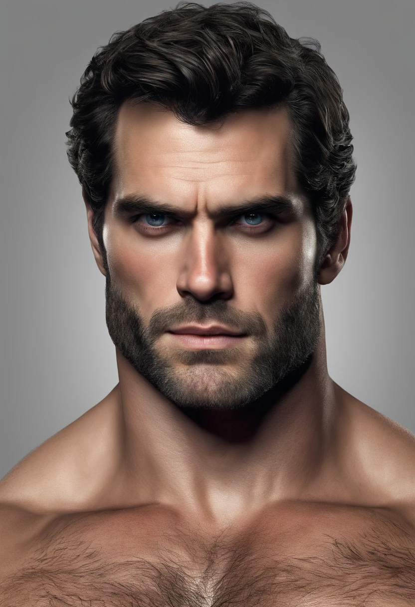 Um Homem de lado, seu rosto parece com o Henry cavill. His body is muscular and pectoral defined. tanquinho. virilha. Cochas, cabelos contra o vento. barba serrada.