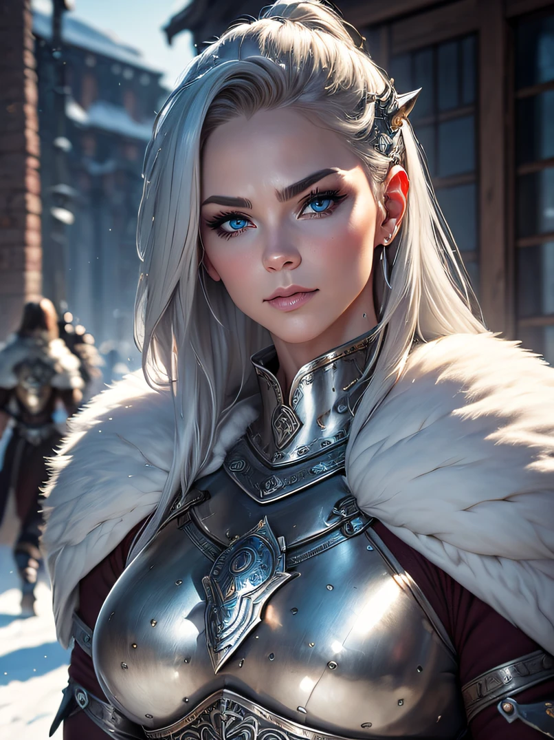 (top-quality、high detailing)、4/5 shots、Portrait of a 40-year-old adult female Viking、Human Woman、Strong physique、the perfect body、(((Silver warrior armor with fur collar)))、Silver horned helm、Large Silver Horn Headgear、Combat stance、Focus on the face、Calm look、Big blue eyes、Detailed face and eyes、Sharp eyes、Silver Shorthair、Walking slowly towards us、Detailed hand depiction、Winter morning、Oyuki、Snow-covered roads、Medieval city gate and cityscape in the background、Fantasyart、dark fantasy vibe、Dynamic action