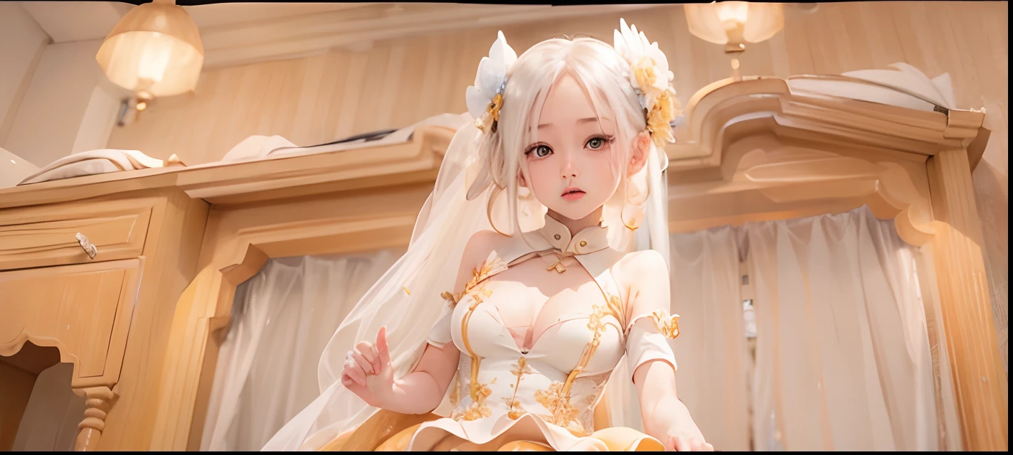 1girl, hair white and dress yellow
