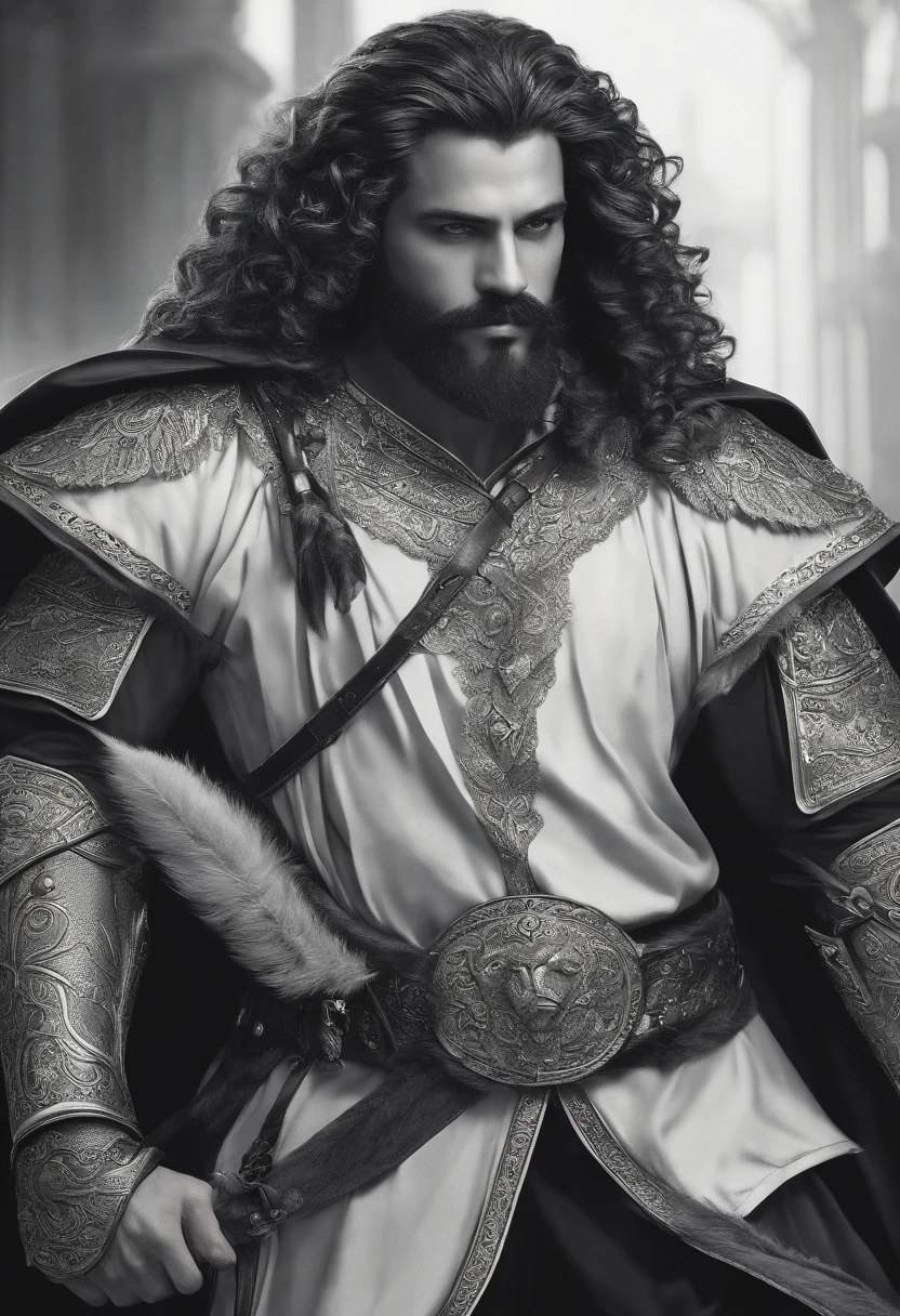 fazer um desenho de RPG de um homem Paladino em seus vinte anos,1,90m de altura,cabelos negros um pouco longos,barba e bigode rasos,olhos negros e vazios.