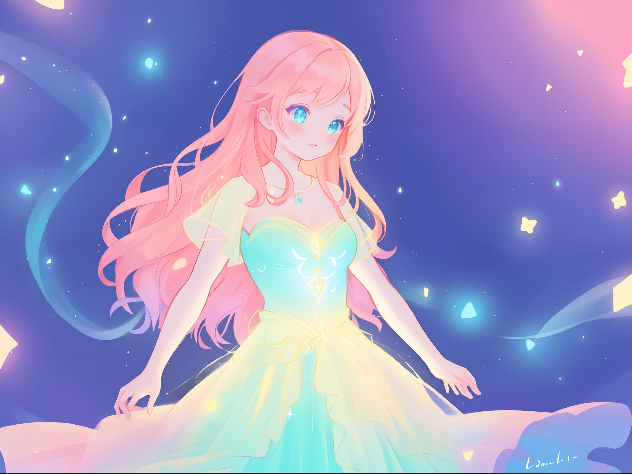 beautiful girl in sparkling layered princess ballgown dress, inspired by Glen Keane, inspired by Lois van Baarle, disney art style, by Lois van Baarle, glowing aura around her, by Glen Keane, jen bartel, glowing lights! digital painting, flowing glowing hair, glowing flowing hair, beautiful digital illustration