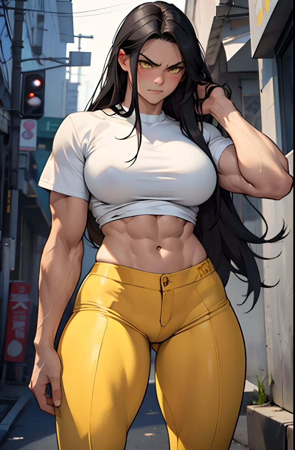 1girl, extremely long hair, solo, ((muscular)), veins, black hair, yellow eyes, blushing, thick thighs, pale skin, strong, veins, abs, big thighs, huge breasts, navel, standing, angry, tight pants, tight shirt