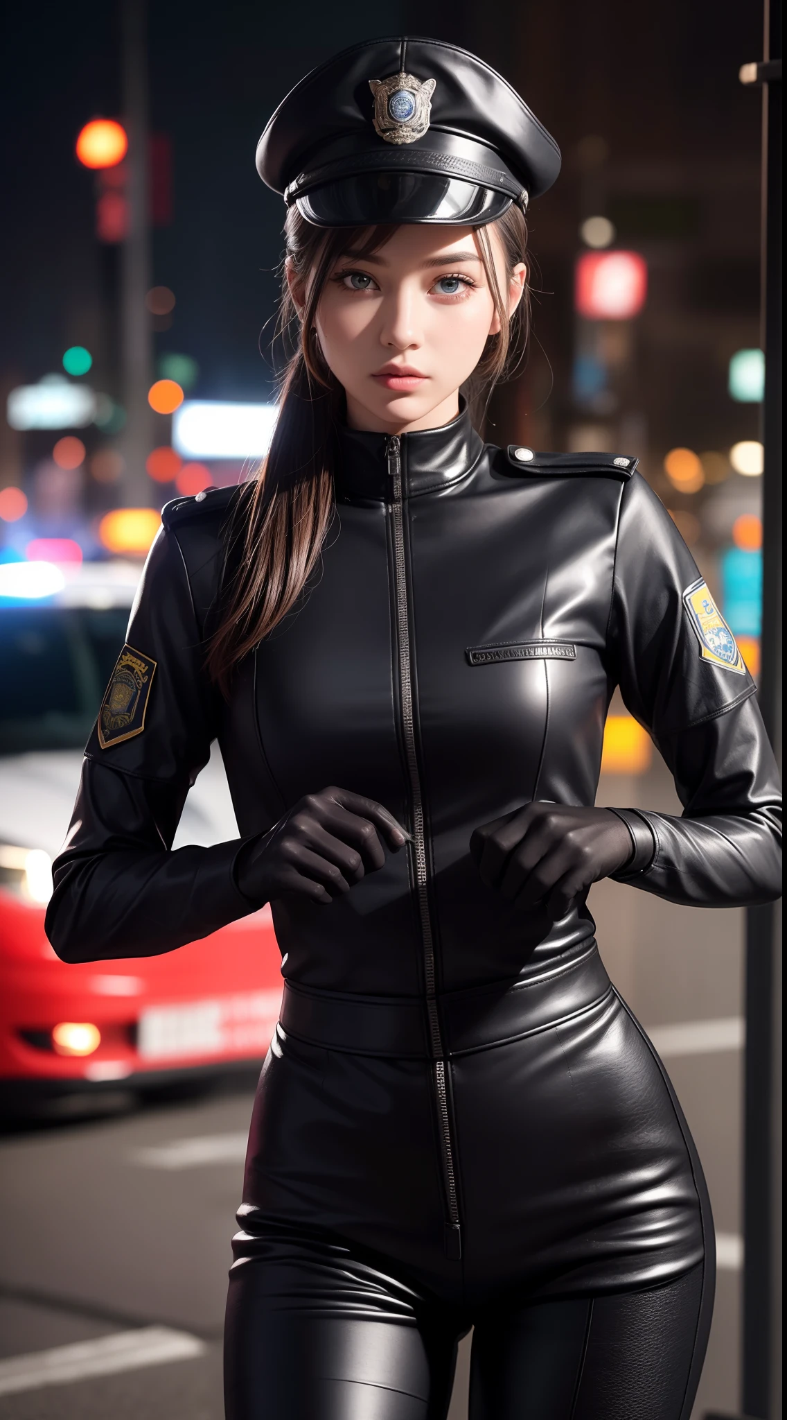 The highest image quality，excellent detail，The ultra-Highres，Swat，The Police of the Future，model figure，full body photograph，full bodyesbian，dynamicposes，A gloomy look，Gloomy Eyes，masked，She is wearing a futuristic SWAT uniform，She stood in front of a police car，Pony tail，Sturdy body，Sexy and sturdy，Detailed abs，Detailed muscle lines，A sense of power，sweat face，natta，Toiko，exterior，street corner，Streets in downtown Tokyo：1.5，Tokyo night view background，at night，Neon lights，Technological sense，future tech，Very detailed cyberpunk style，Cyberpunk persona：2.0，Highly detailed police uniform：2.0，Highly detailed police hat，Highly detailed police force，Highly detailed police badges，Very detailed armbands，Very detailed police strip，Highly detailed epaulettes，Wearing a police cap，Very delicate electric baton，Highly detailed guns:1.5，The Gun of the Future，intercom，Wireless devices，handcuff：1.5，Police Cars：2.0，Police cars of the future，（Highly detailed body，highly detailed face，Best quality at best：1.2） ，frontage，full bodyesbian，look from bottom to top，Down from the bottom, lookin at viewer，machinery，Tokyo City Background，Tokyo City，Toiko，（Highly detailed police uniform：2.0），（Highly detailed police equipment：2.0），（Swat：2.0），（gunshot：2.0），（Tokyo city background at night：2.0），（Busy streets：1.5），（Highly detailed police cars：2.0），（fully body photo：3.0），（natta：2.0），（detailed hands：2.0），（Harmonious body proportions：2.0），（Normal limbs：2.0），（Normal finger：2.0），（Detailed Eyes：2.0），（normal eye：2.0），