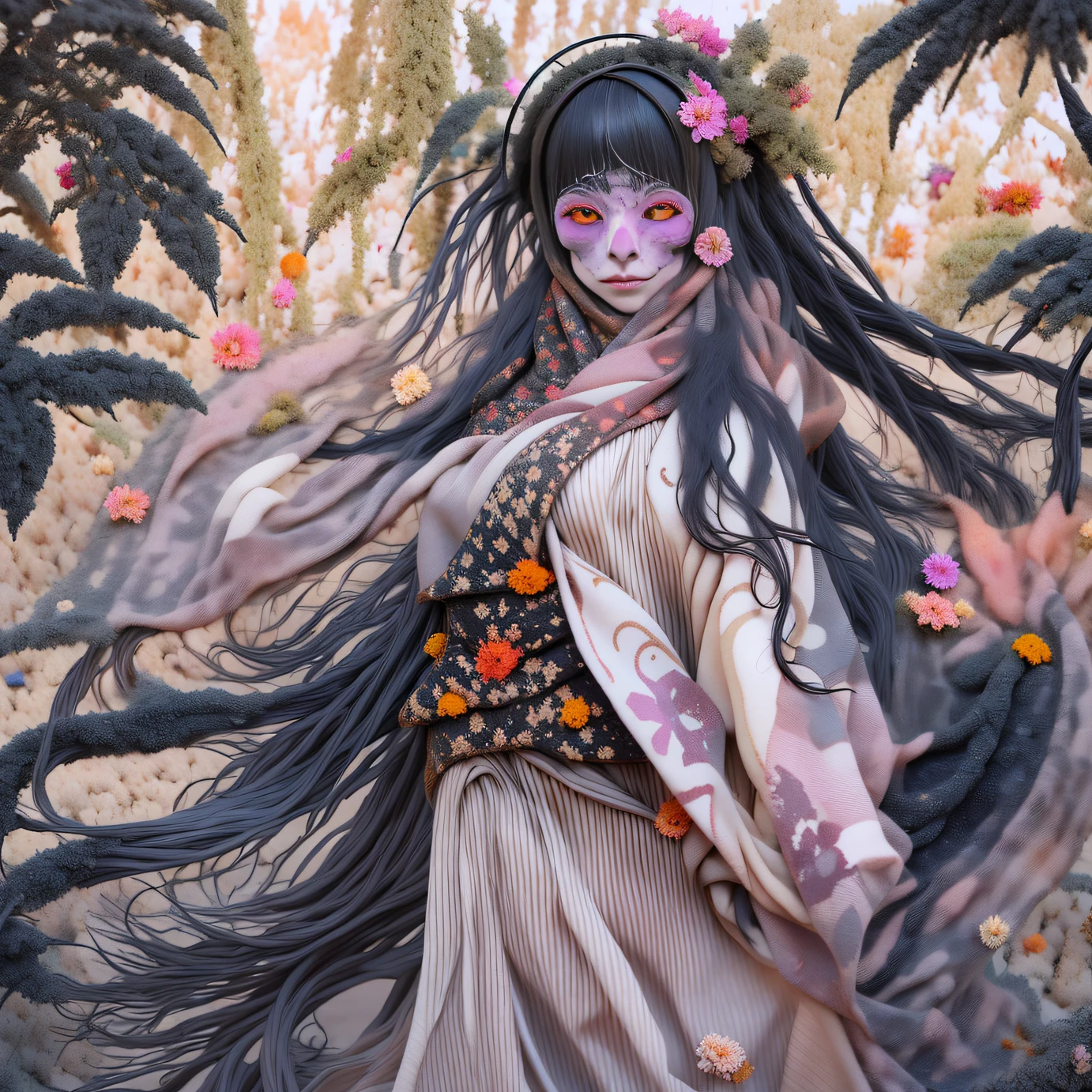(Fox Girl, Fox Ears, Black colored hair, Fox Makeup, One Girl, Long Hair:1.6), (kimono, Kimono with open chest, A beautiful kimono with red and black patterns, I can see her cleavage, Open chest, Exposed skin:1.8), (Body measurements are 75-60-75!, Young girl body, Small breasts, Small breasts, Emphasize the chest, Knees are slightly visible, Muscular, Abdominal muscles, Hide your own chest with your hands:1.9), Avatar, face, lewd face, Dominant representation, naughty face, Uplifting, Skin Texture, outside, Grassy field