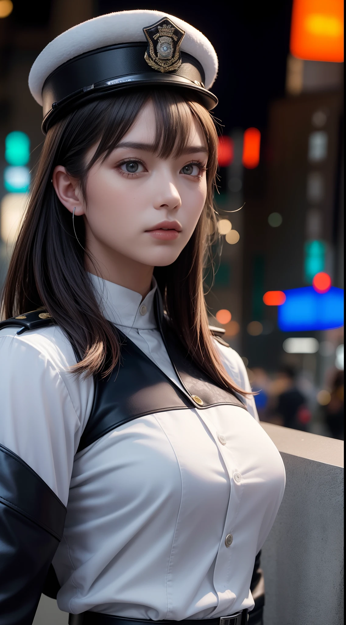 The highest image quality，excellent detail，The ultra-Highres，Swat，The Police of the Future，model figure，full body photograph，full bodyesbian，dynamicposes，A gloomy look，Gloomy Eyes，masked，She is wearing a futuristic SWAT uniform，She stood in front of a police car，Pony tail，Sturdy body，Sexy and sturdy，Detailed abs，Detailed muscle lines，A sense of power，sweat face，natta，Toiko，exterior，street corner，Streets in downtown Tokyo：1.5，Tokyo night view background，at night，Neon lights，Technological sense，future tech，Very detailed cyberpunk style，Cyberpunk persona：2.0，Highly detailed police uniform：2.0，Highly detailed police hat，Highly detailed police force，Highly detailed police badges，Very detailed armbands，Very detailed police strip，Highly detailed epaulettes，Wearing a police cap，Very delicate electric baton，Highly detailed guns:1.5，The Gun of the Future，intercom，Wireless devices，handcuff：1.5，Police Cars：2.0，Police cars of the future，（Highly detailed body，highly detailed face，Best quality at best：1.2） ，frontage，full bodyesbian，look from bottom to top，Down from the bottom, lookin at viewer，machinery，Tokyo City Background，Tokyo City，Toiko，（Highly detailed police uniform：2.0），（Highly detailed police equipment：2.0），（Swat：2.0），（gunshot：2.0），（Tokyo city background at night：2.0），（Busy streets：1.5），（Highly detailed police cars：2.0），（fully body photo：3.0），（natta：2.0），（detailed hands：2.0），（Harmonious body proportions：2.0），（Normal limbs：2.0），（Normal finger：2.0），（Detailed Eyes：2.0），（normal eye：2.0），