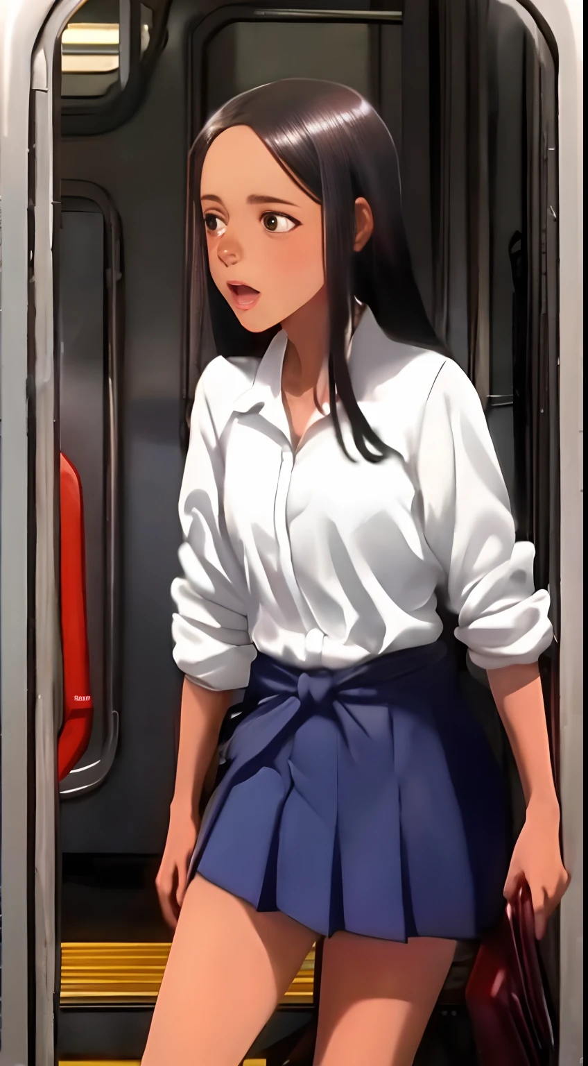 ((Robert Downey as a 14-year-old preteen girl)), blusa longa, Tiny pleated skirt, Waist-length black pantyhose, salto alto, foto de corpo inteiro, pele muito clara, cabelo raspado, train car occupied, fotorrealista, Indirect lighting, volumetric light, ray tracing, hiperdetalhado