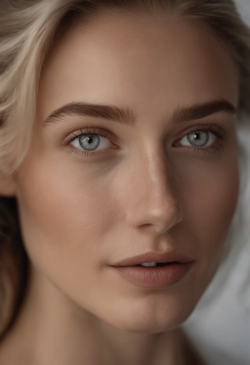 Portrait of a 25-year-old American woman with fair skin and freckles, captivating gray eyes, delicate nose, soft and gentle lips. She has ash blonde hair in a ponytail, with a touch of gray. The image should be in an ultrarealistic, highly rendered, HD fotorrealista style, showcasing a captivating smile.