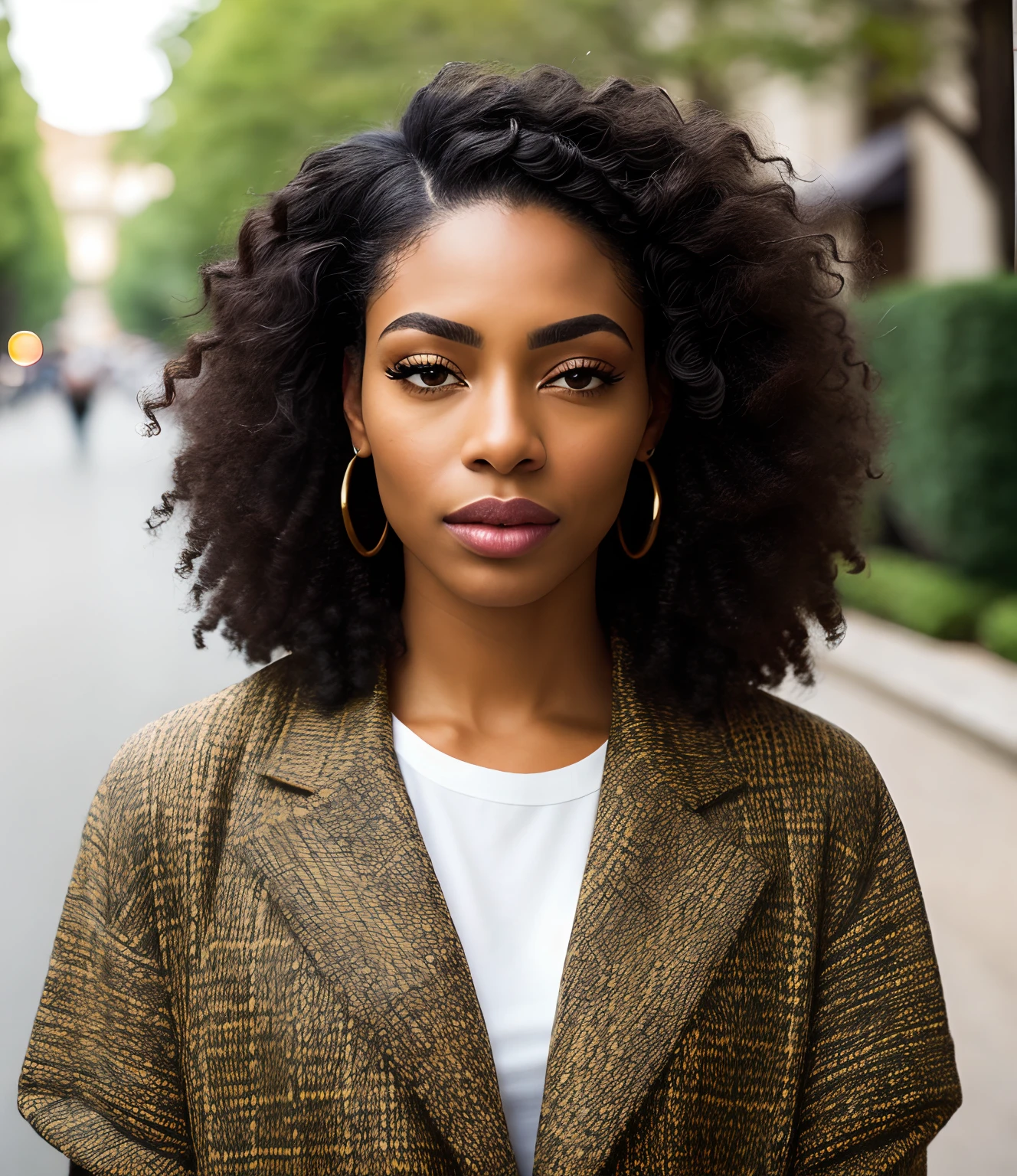 afro-americana de cerca de 40 anos de idade 8 polegadas de cabelo cacheado longo, cabelo cacheado e curto, cabelo preto curto e cacheado, Cabelo cacheado curto, franja encaracolado, cabelo cacheado muito curto, Messy curls, Cabelos Negros Cacheados Cabelos pretos naturais,fotografia de rua,(seios grades:1.3), Blusa modelo gucci com decote grande, low contrast,color correction, canon EOS R5 35mm, f1.2, cinematic, soft lighting
