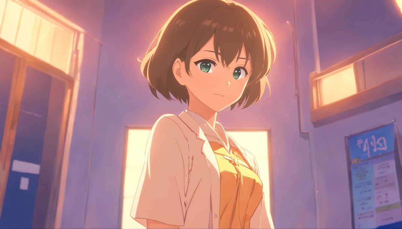 High school girl with big breasts and small bust with big ass, com roupa transparente contra a luz