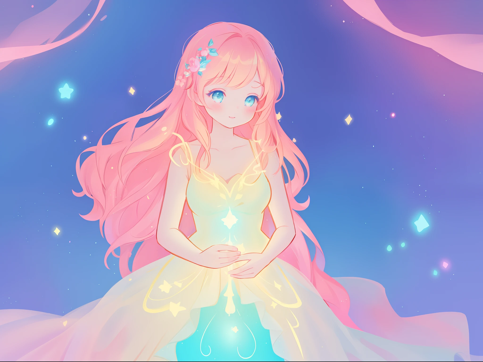 beautiful girl in sparkling layered princess ballgown dress, inspired by Glen Keane, inspired by Lois van Baarle, disney art style, by Lois van Baarle, glowing aura around her, by Glen Keane, jen bartel, glowing lights! digital painting, flowing glowing hair, glowing flowing hair, beautiful digital illustration