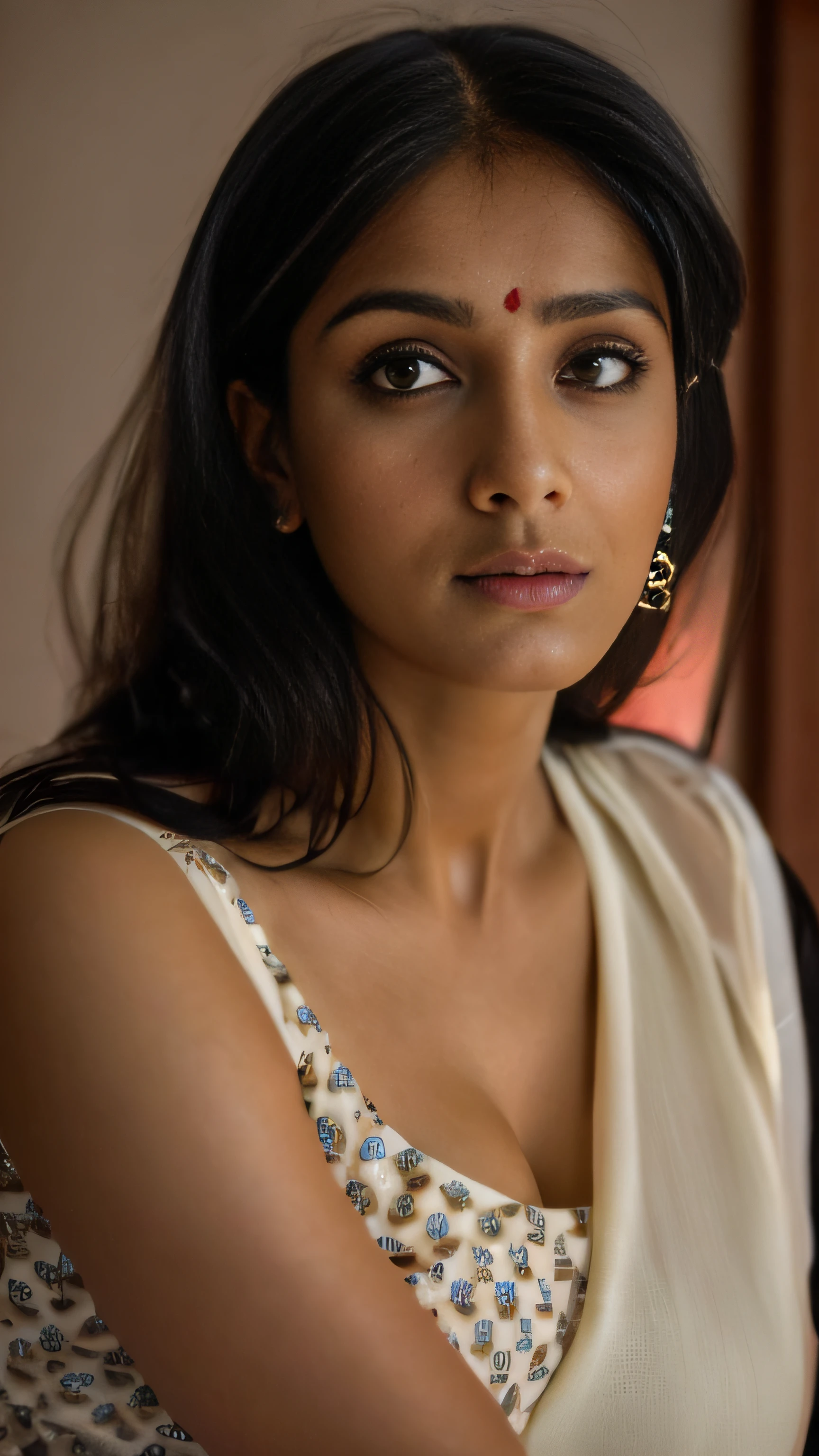 an Indian female 27 yo in a red sari and white blouse, she has a distant expression, shocked look, very attractive and beautiful, shot from movie, still from a movie, but a stern look about her, intense look, intense stare, still shot from movie, pretty face!!, scene from a movie, look at that detail!, she has a cute expressive face, ((film grain, skin details, high detailed skin texture, 8k hdr, dslr)), photography taken by sony DSLR, Hd image
